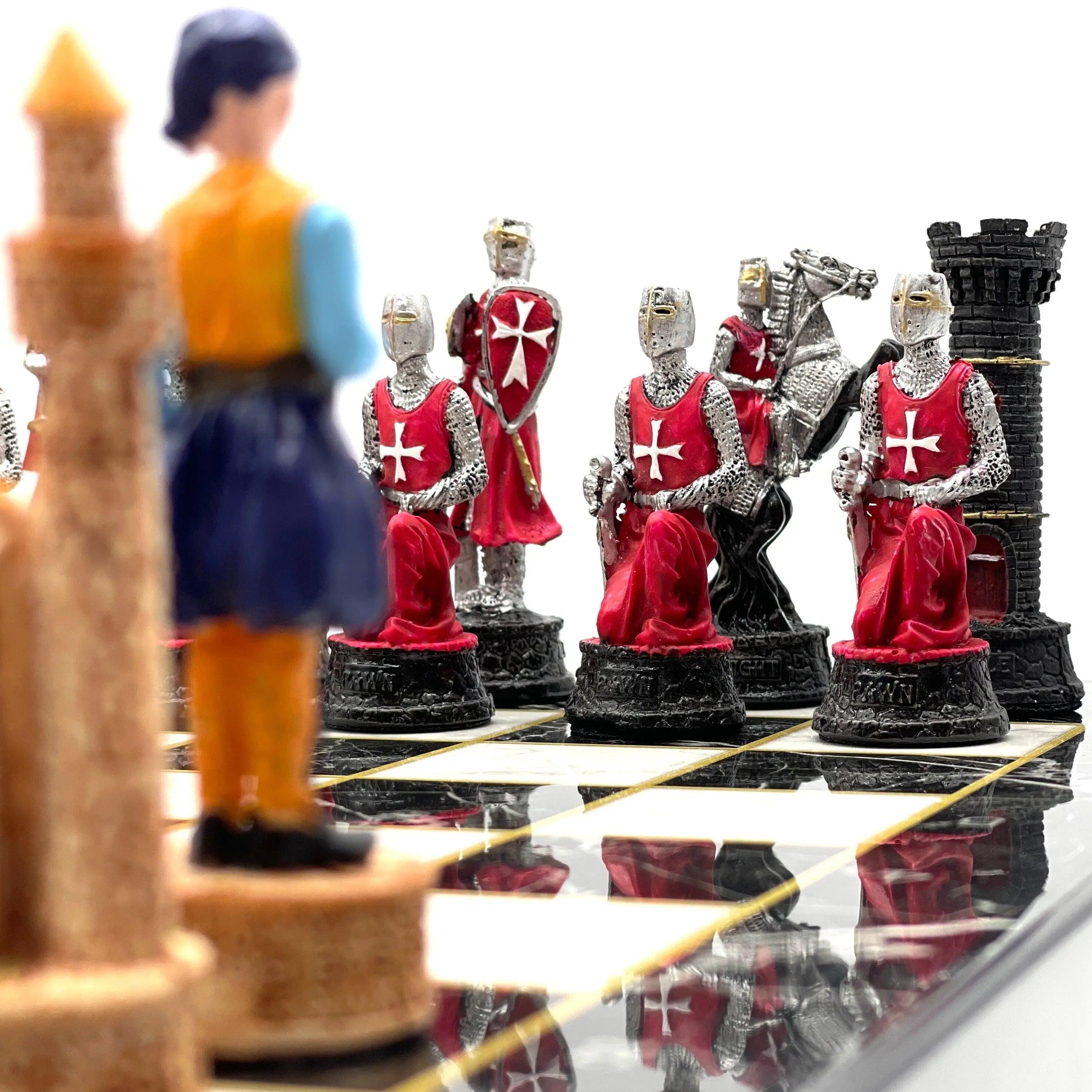 VIP Personalized Marble Patterned Folding Chess Set with Crusaders & Ottomans Chess Pieces - AsyaWoodArt