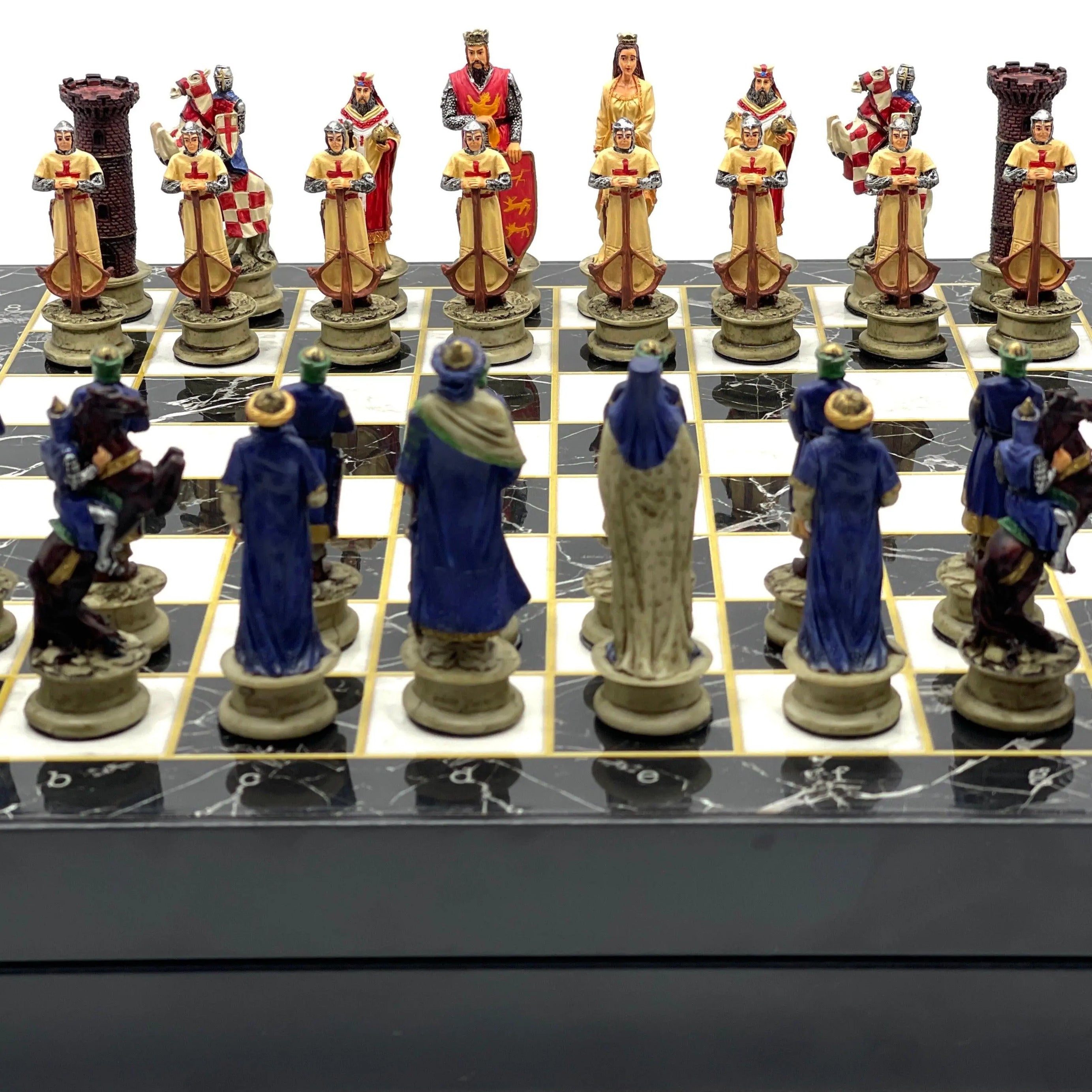 VIP Personalized Marble Patterned Folding Chess Set with Crusaders & Arabs Chess Pieces - AsyaWoodArt