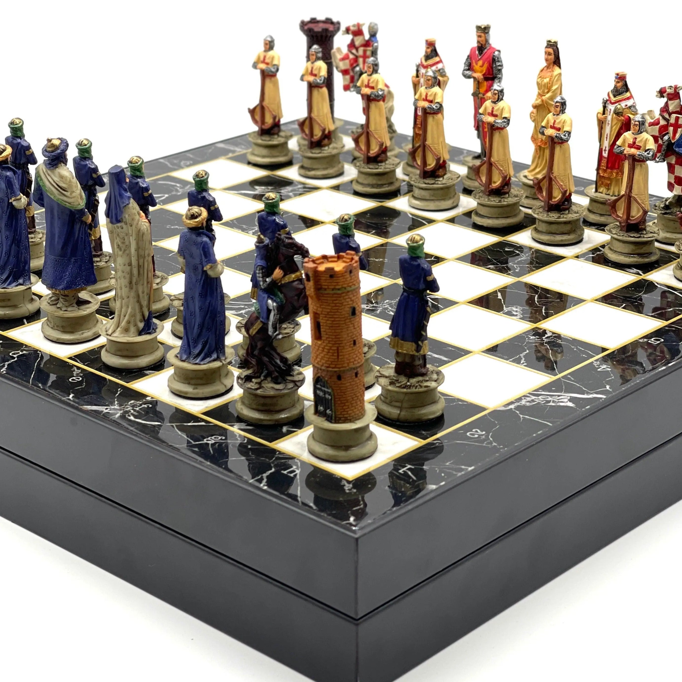 VIP Personalized Marble Patterned Folding Chess Set with Crusaders & Arabs Chess Pieces - AsyaWoodArt