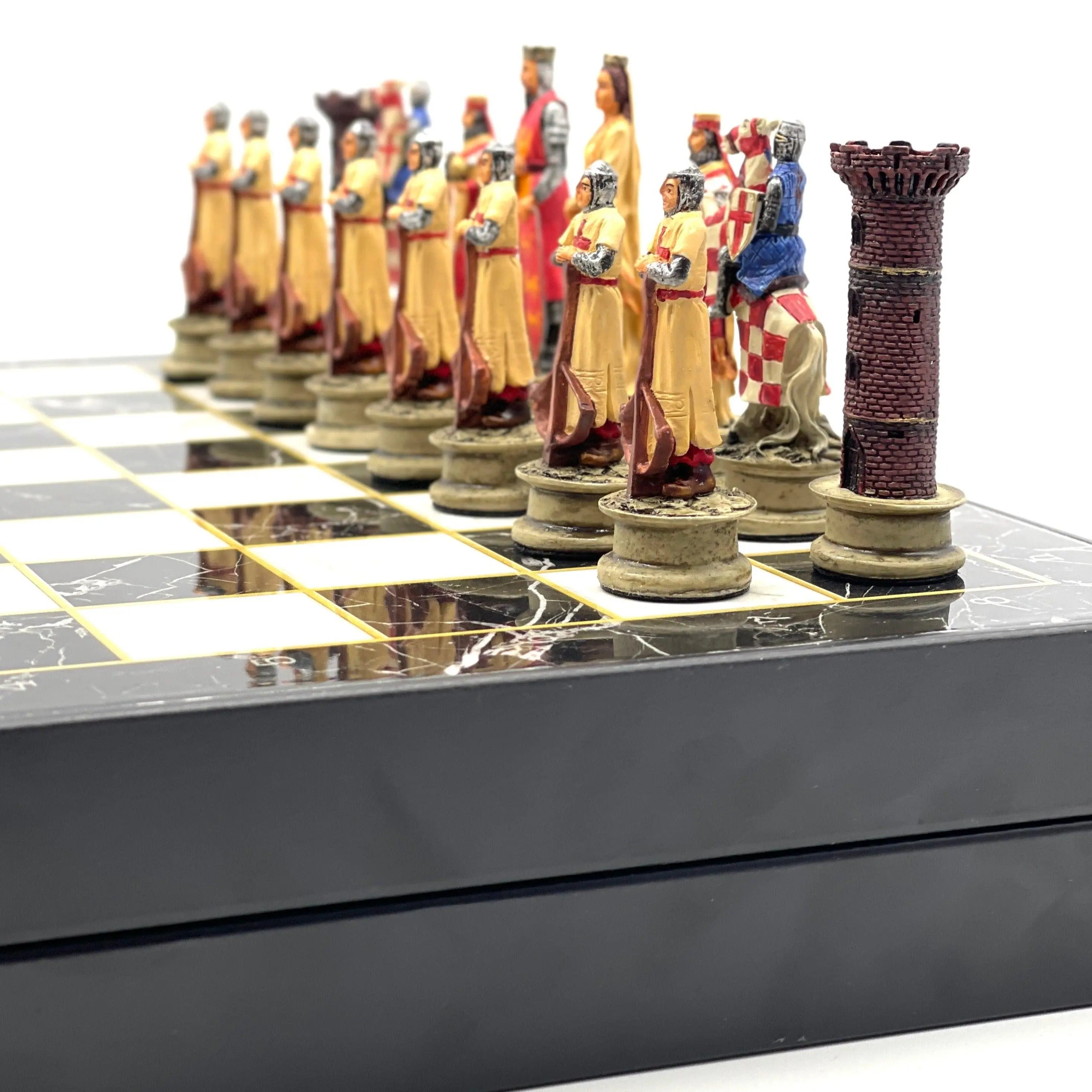 VIP Personalized Marble Patterned Folding Chess Set with Crusaders & Arabs Chess Pieces - AsyaWoodArt