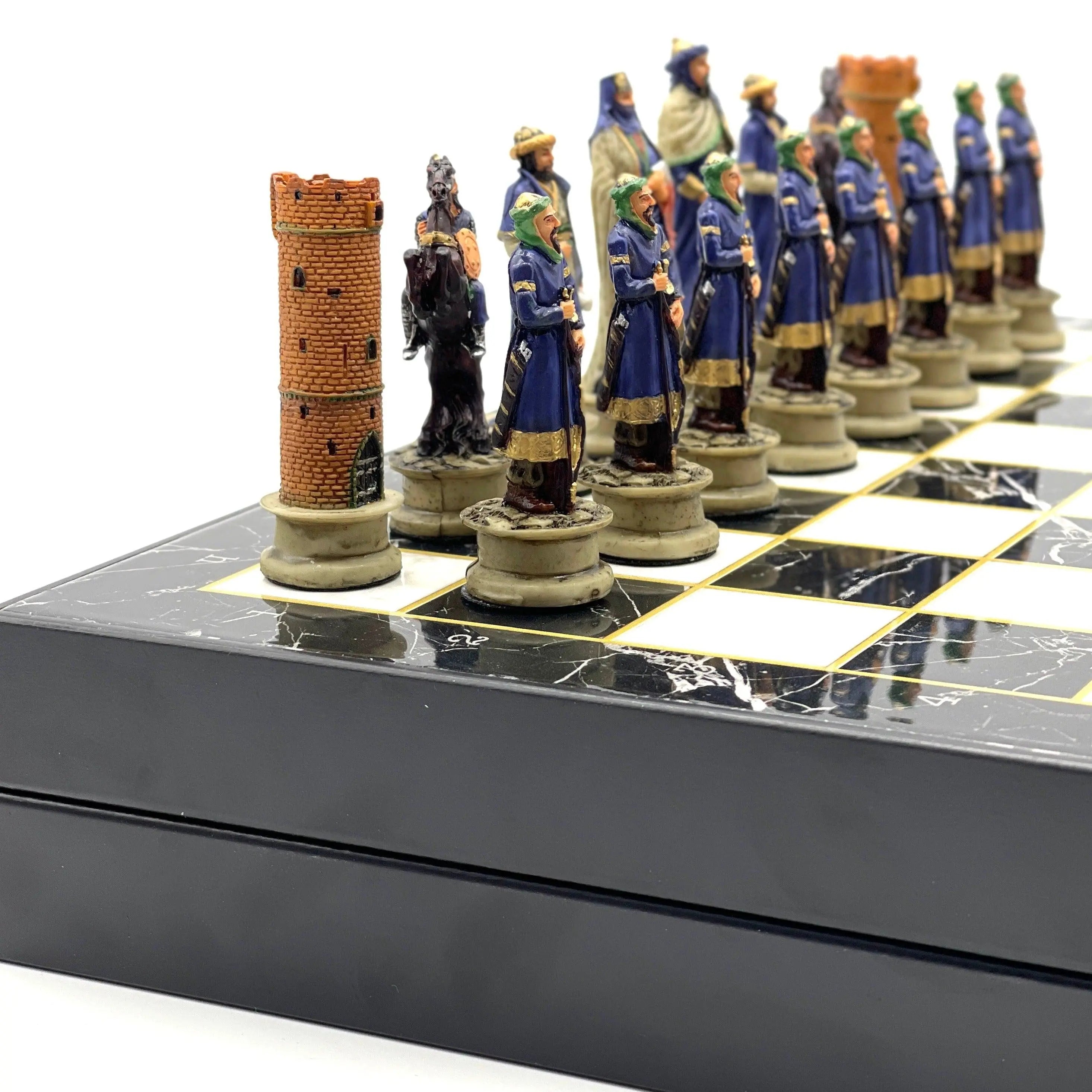 VIP Personalized Marble Patterned Folding Chess Set with Crusaders & Arabs Chess Pieces - AsyaWoodArt