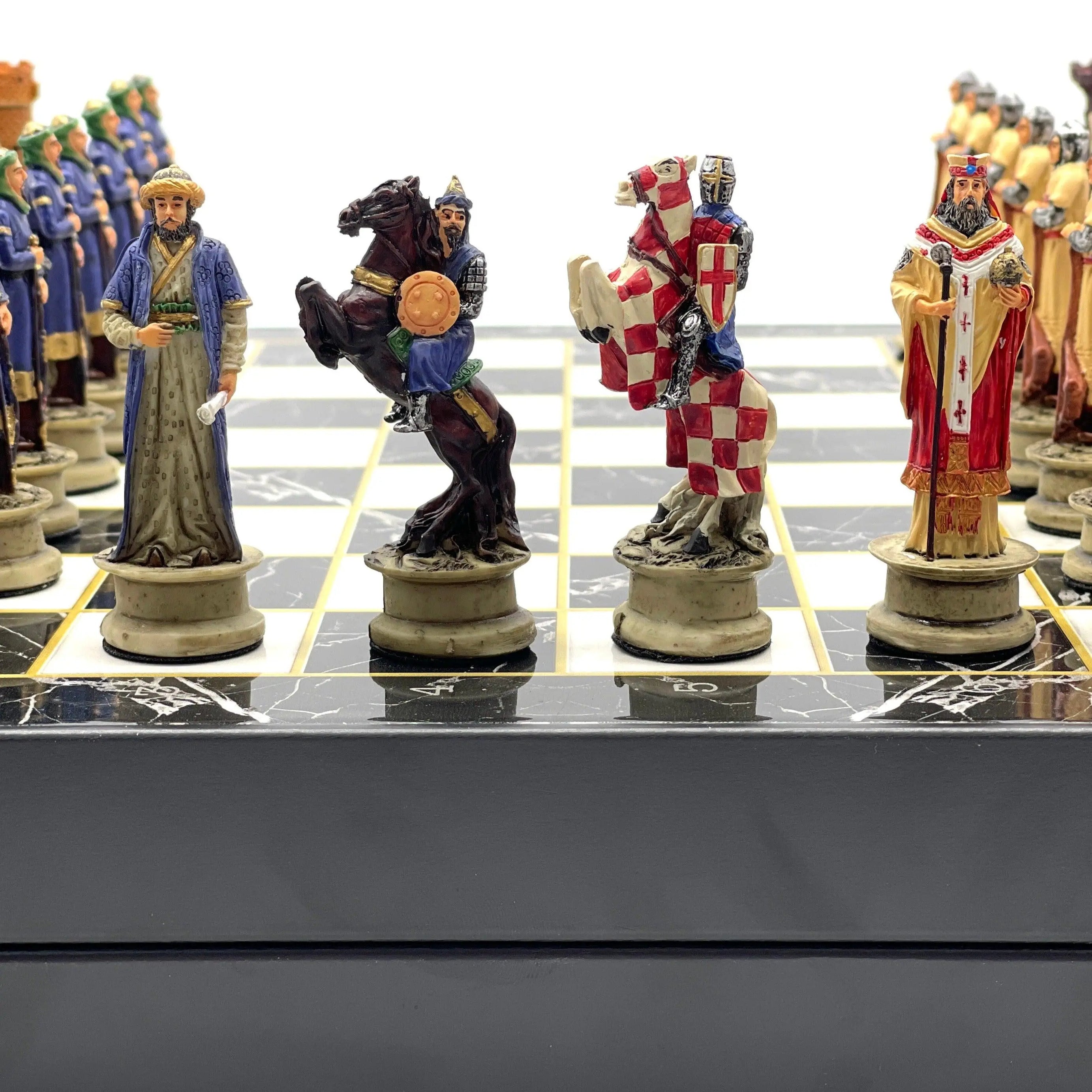VIP Personalized Marble Patterned Folding Chess Set with Crusaders & Arabs Chess Pieces - AsyaWoodArt