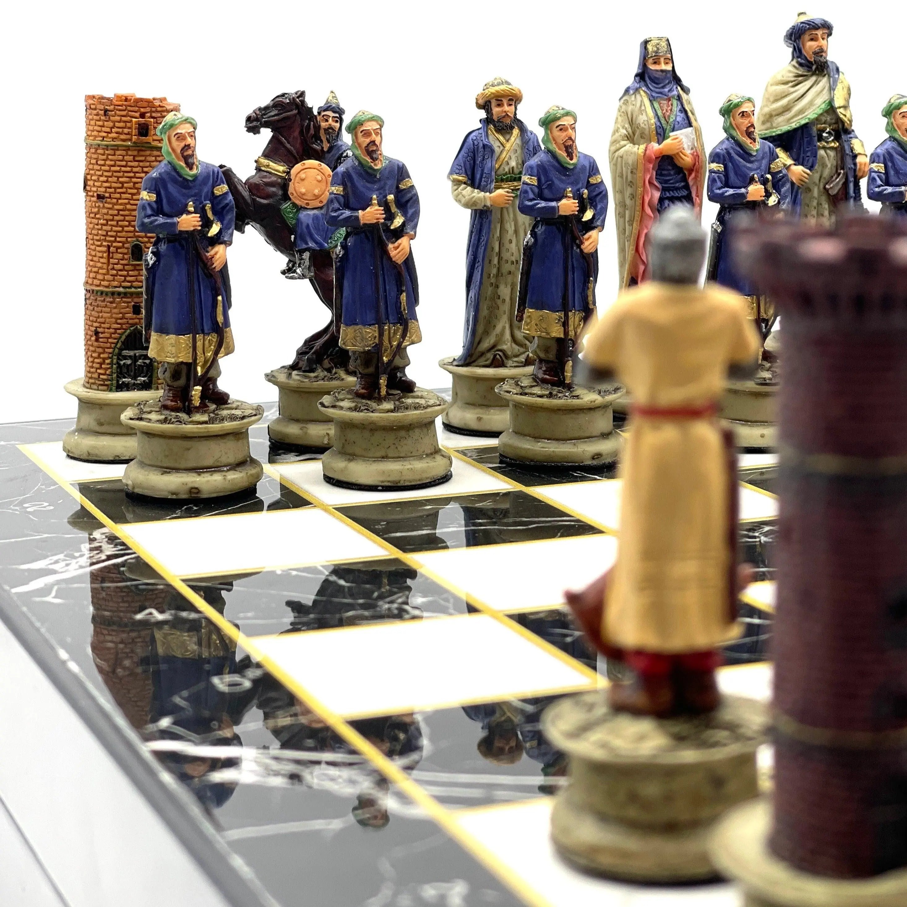 VIP Personalized Marble Patterned Folding Chess Set with Crusaders & Arabs Chess Pieces - AsyaWoodArt