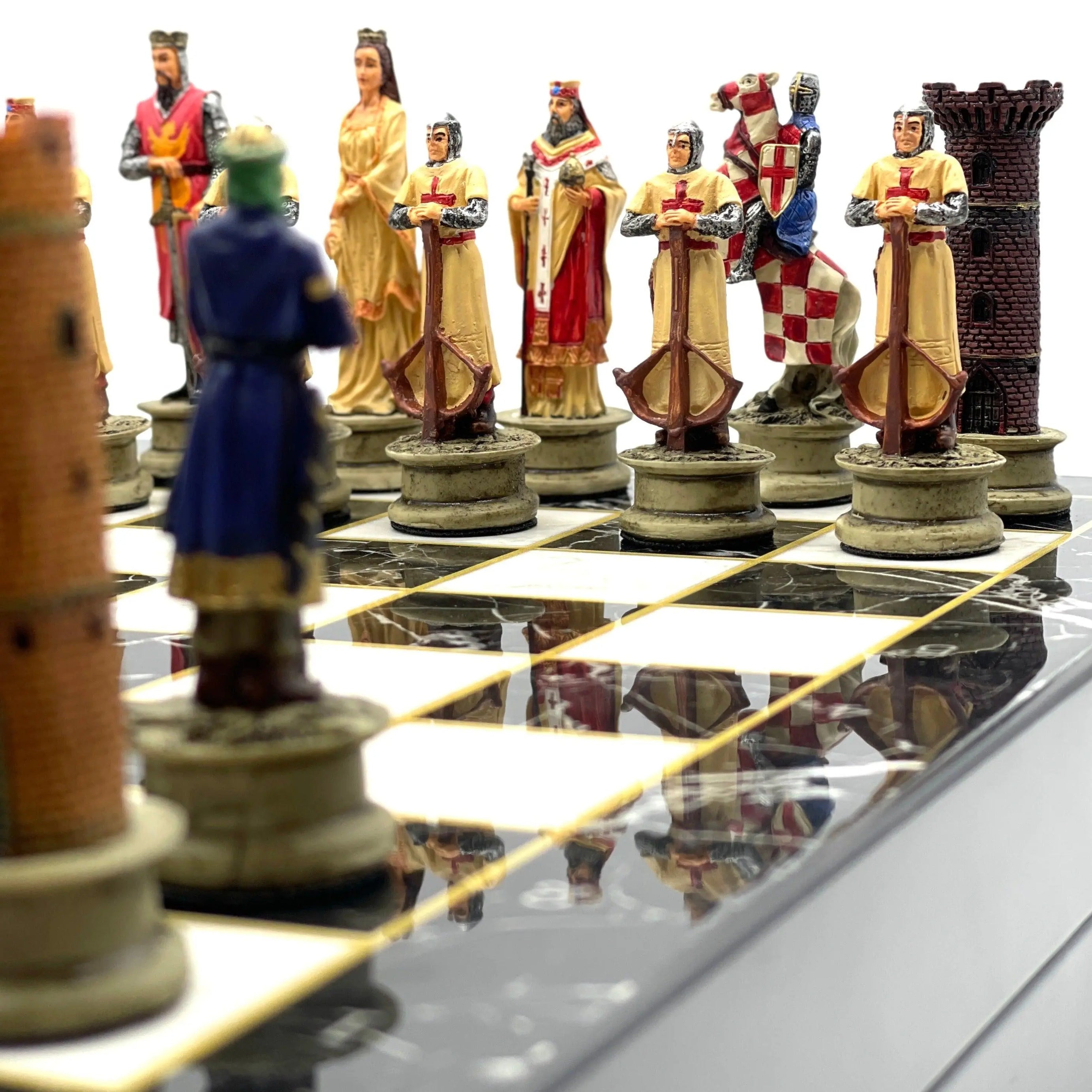 VIP Personalized Marble Patterned Folding Chess Set with Crusaders & Arabs Chess Pieces - AsyaWoodArt