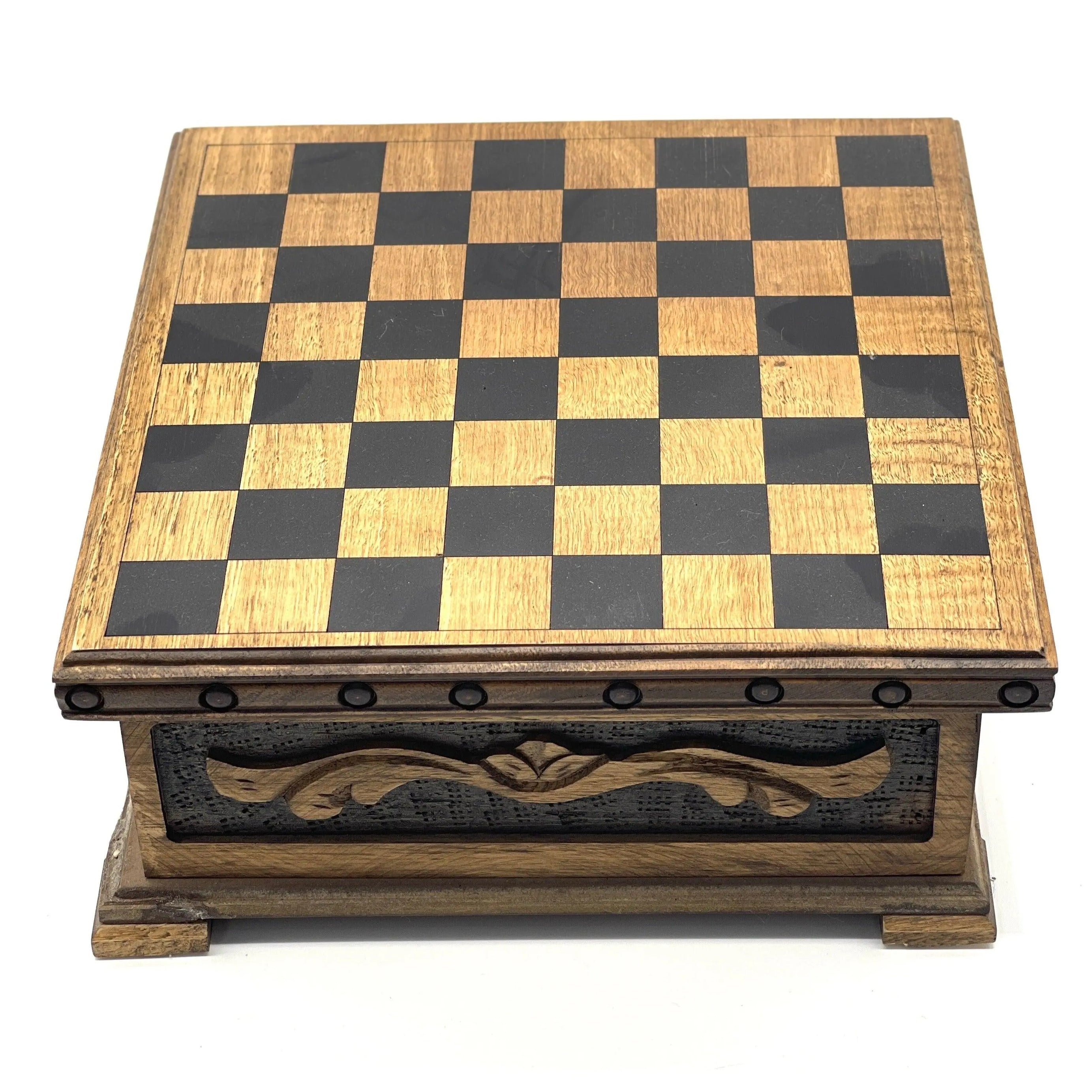 Personalized Wooden Chess Box with Hidden Compartment, Egyptian Metal Chess Pieces - AsyaWoodArt