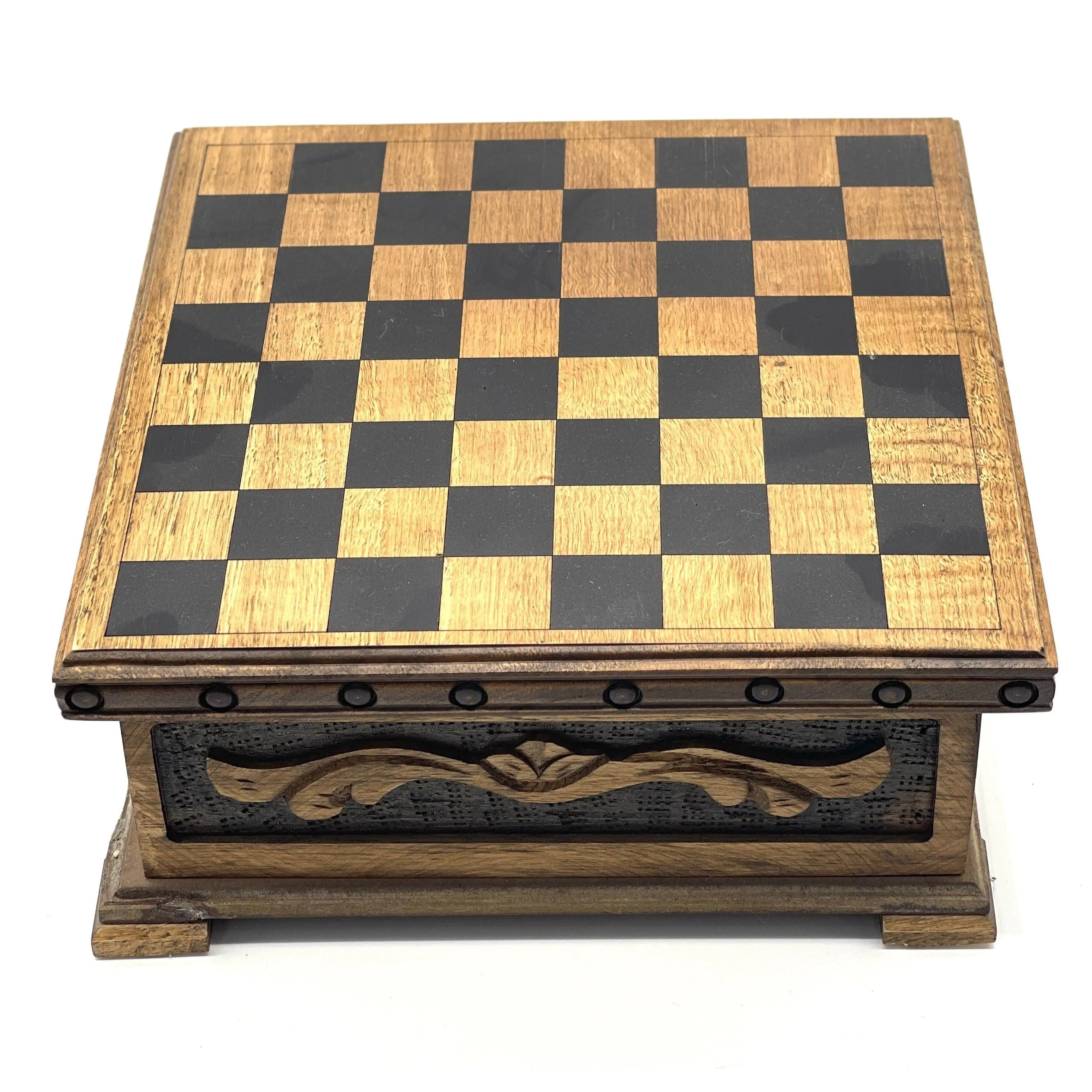 Personalized Wooden Chess Box with Hidden Compartment, Egyptian Metal Chess Pieces - AsyaWoodArt