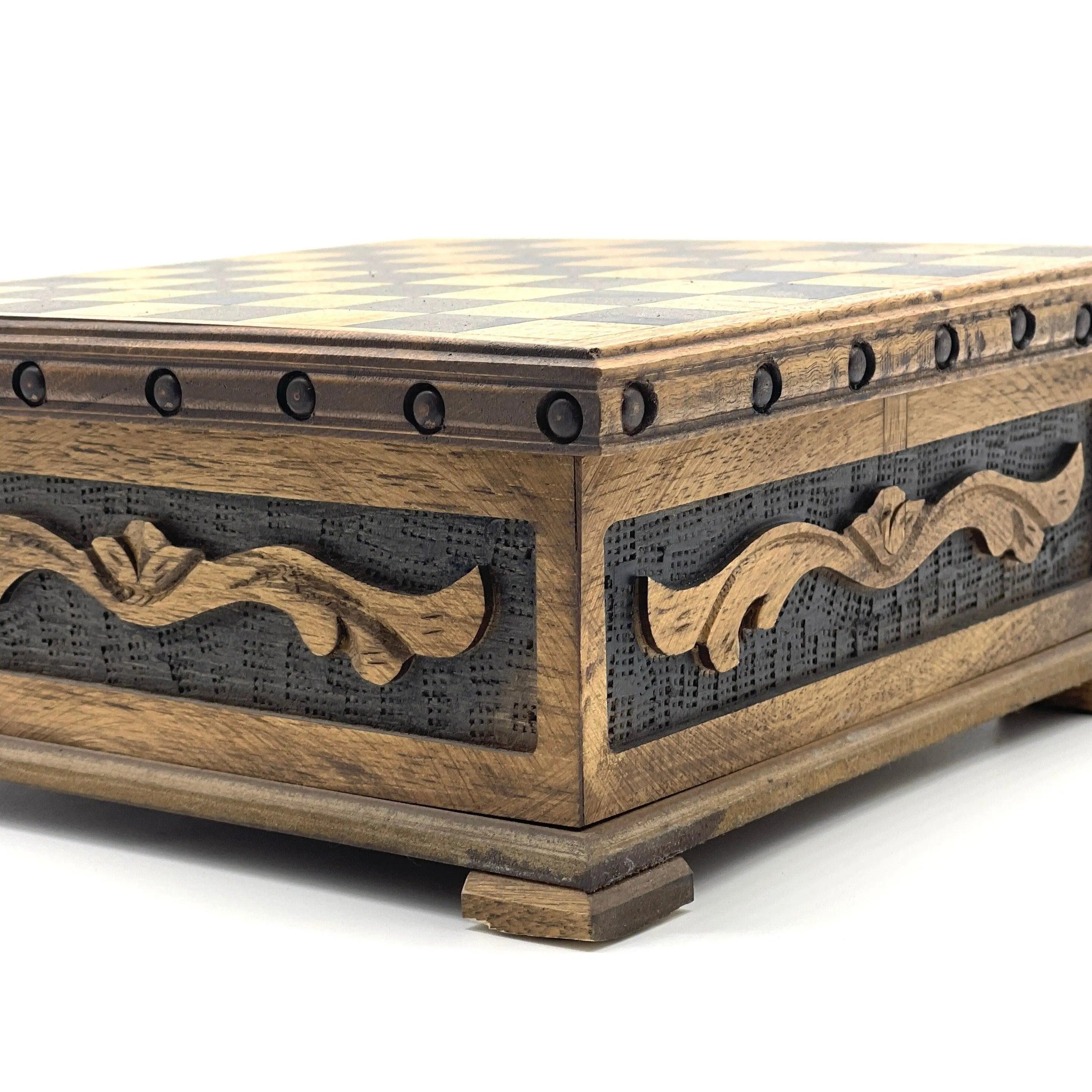 Personalized Wooden Chess Box with Hidden Compartment, Romans Metal Chess Pieces - AsyaWoodArt