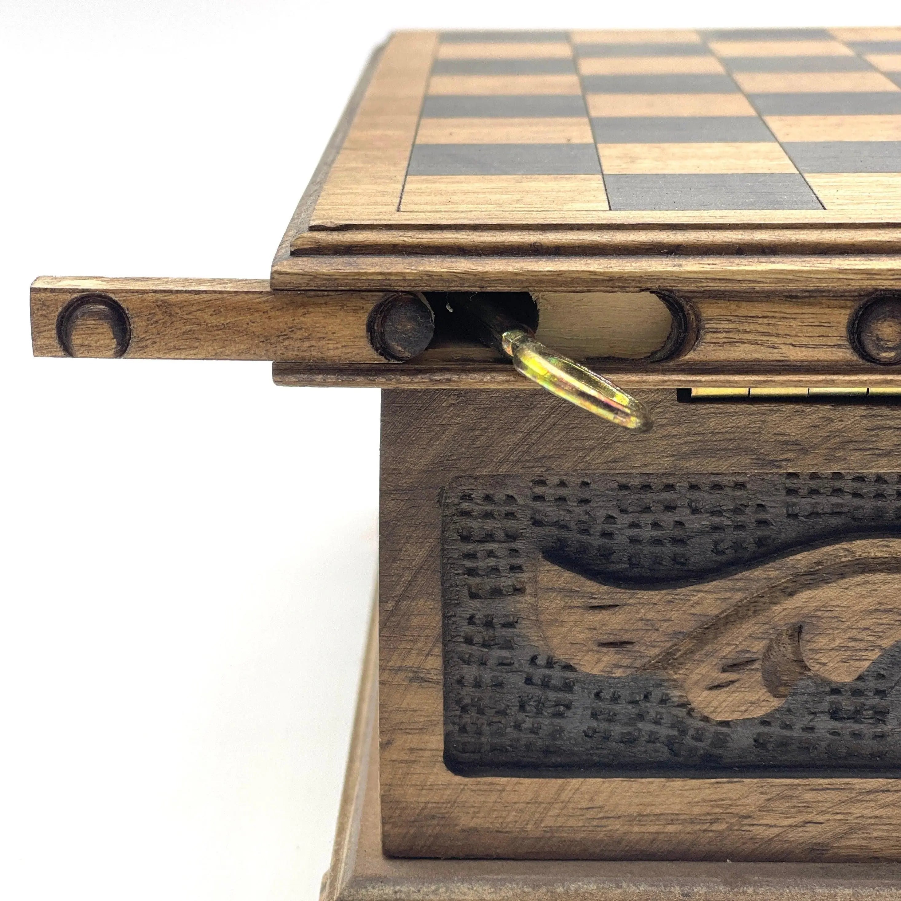 Personalized Wooden Chess Box with Hidden Compartment, Romans Metal Chess Pieces - AsyaWoodArt