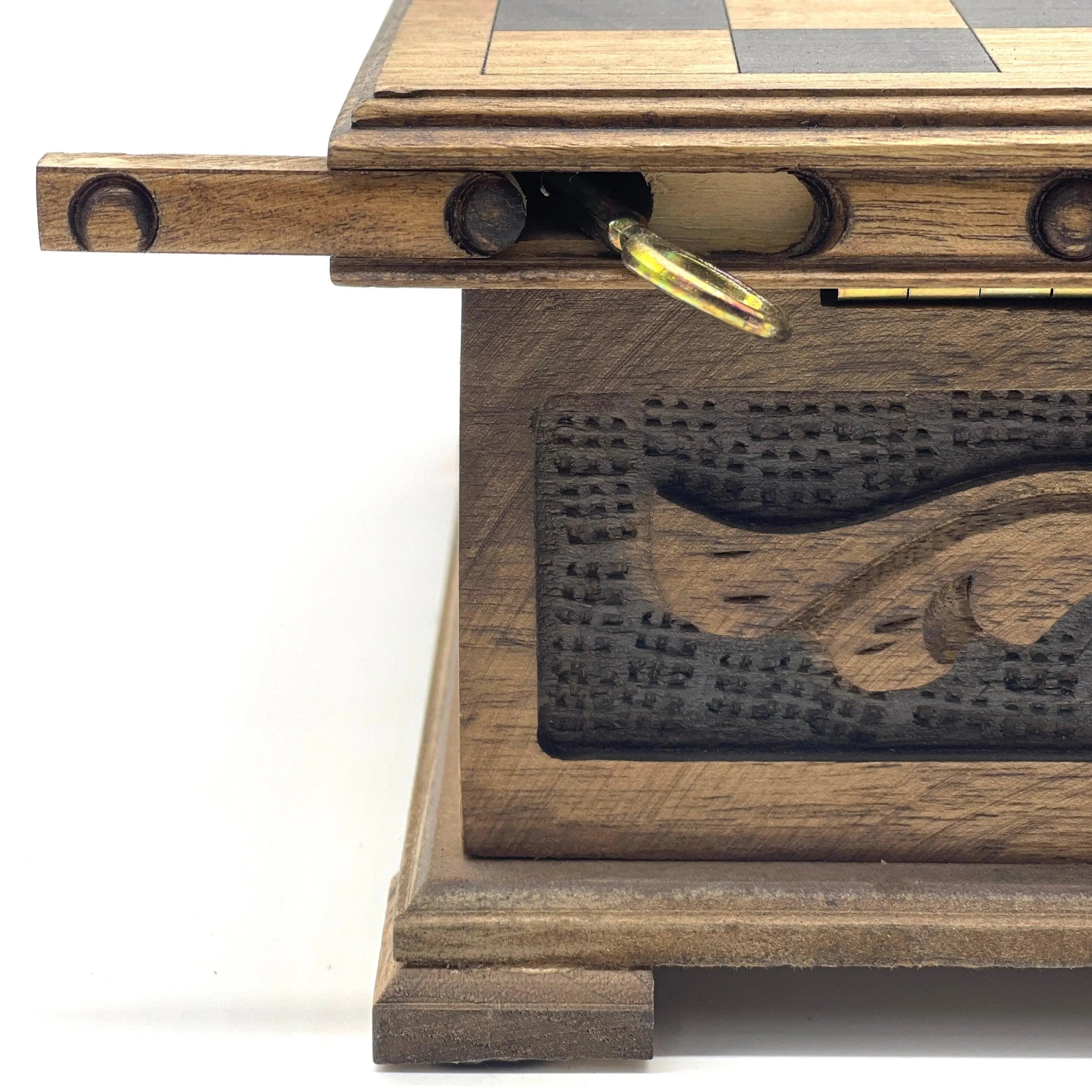 Personalized Wooden Chess Box with Hidden Compartment, Egyptian Metal Chess Pieces - AsyaWoodArt