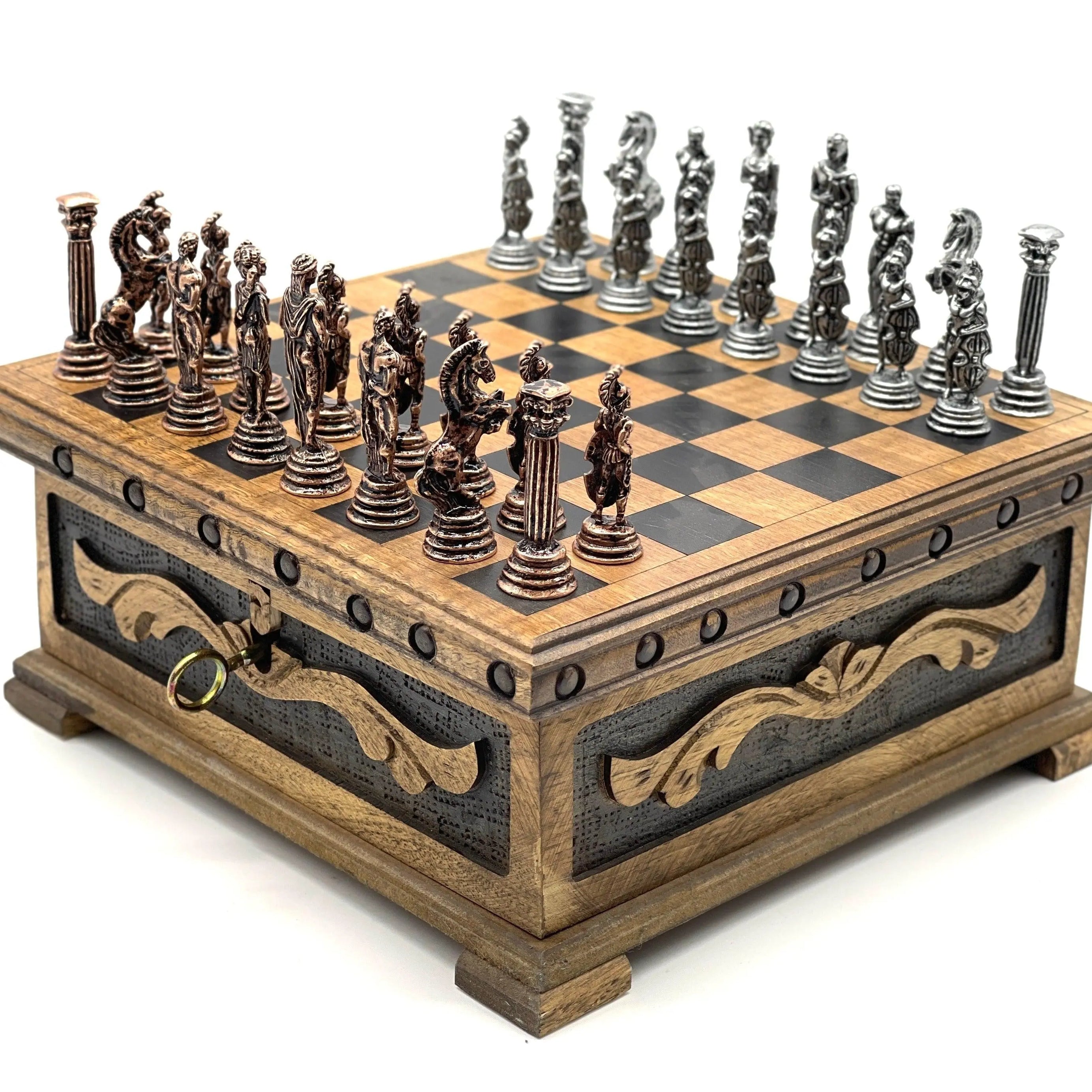 Personalized Wooden Chess Set Box with Hidden Compartment Metal Chess Pieces - AsyaWoodArt