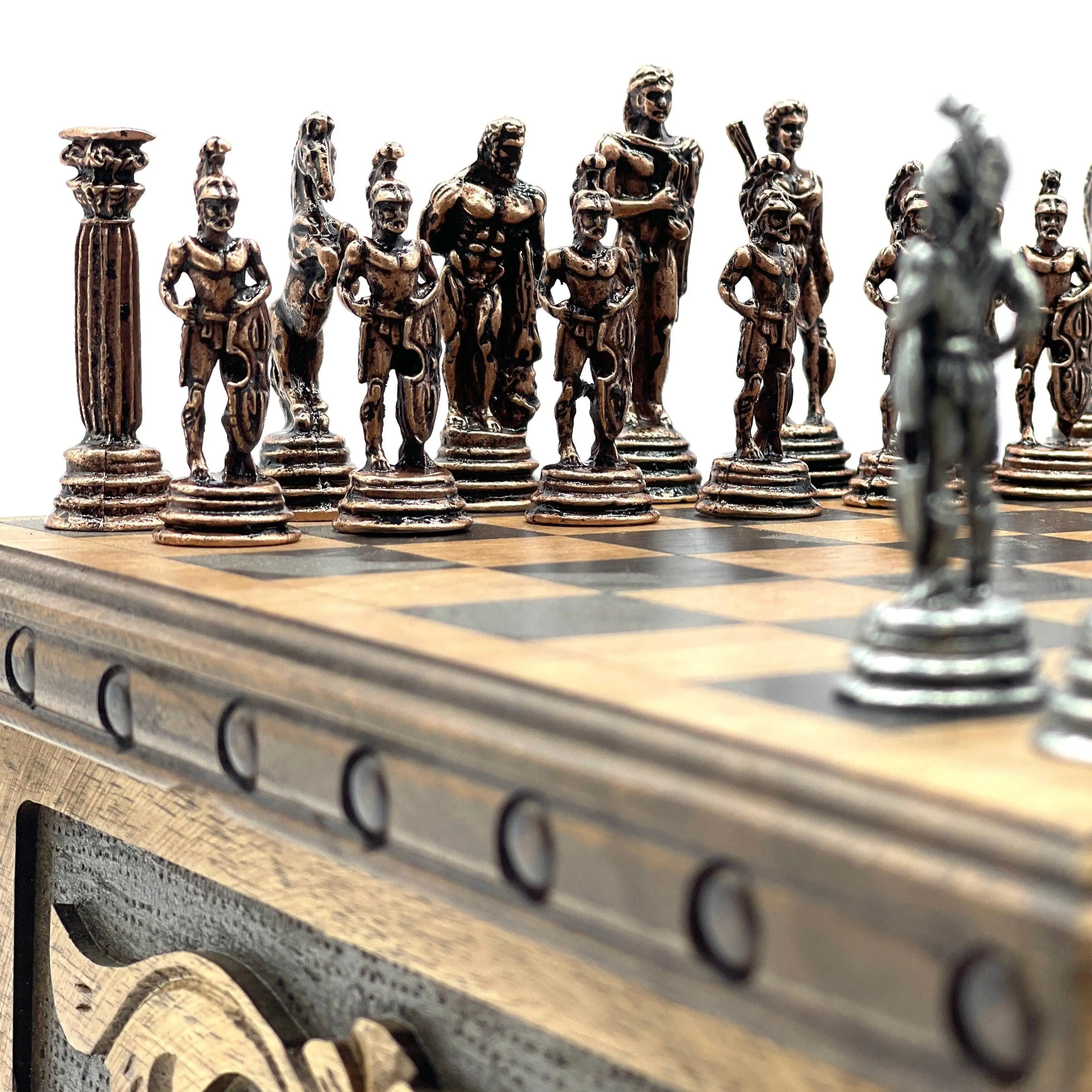 Personalized Wooden Chess Set Box with Hidden Compartment Metal Chess Pieces - AsyaWoodArt