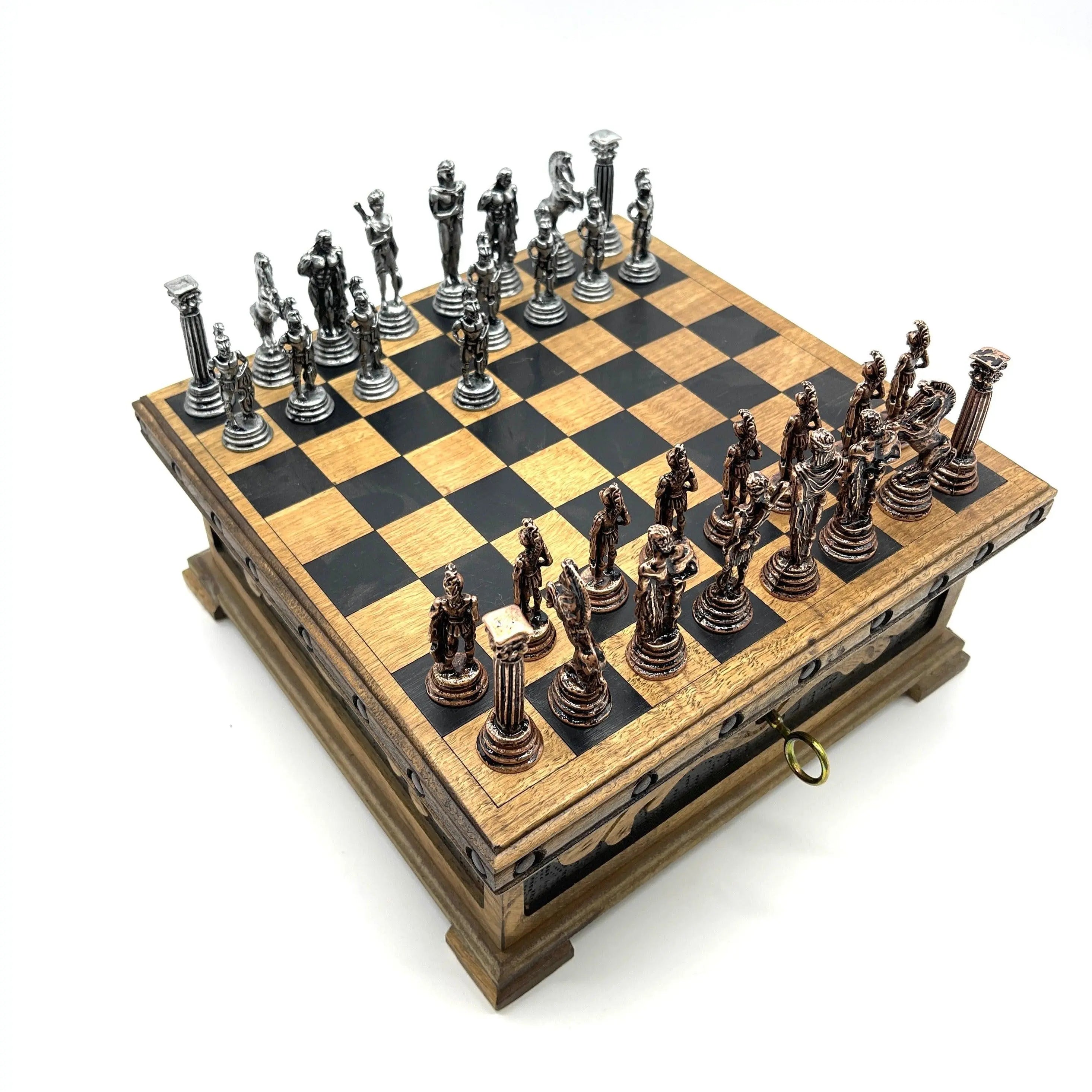 Personalized Wooden Chess Set Box with Hidden Compartment Metal Chess Pieces - AsyaWoodArt