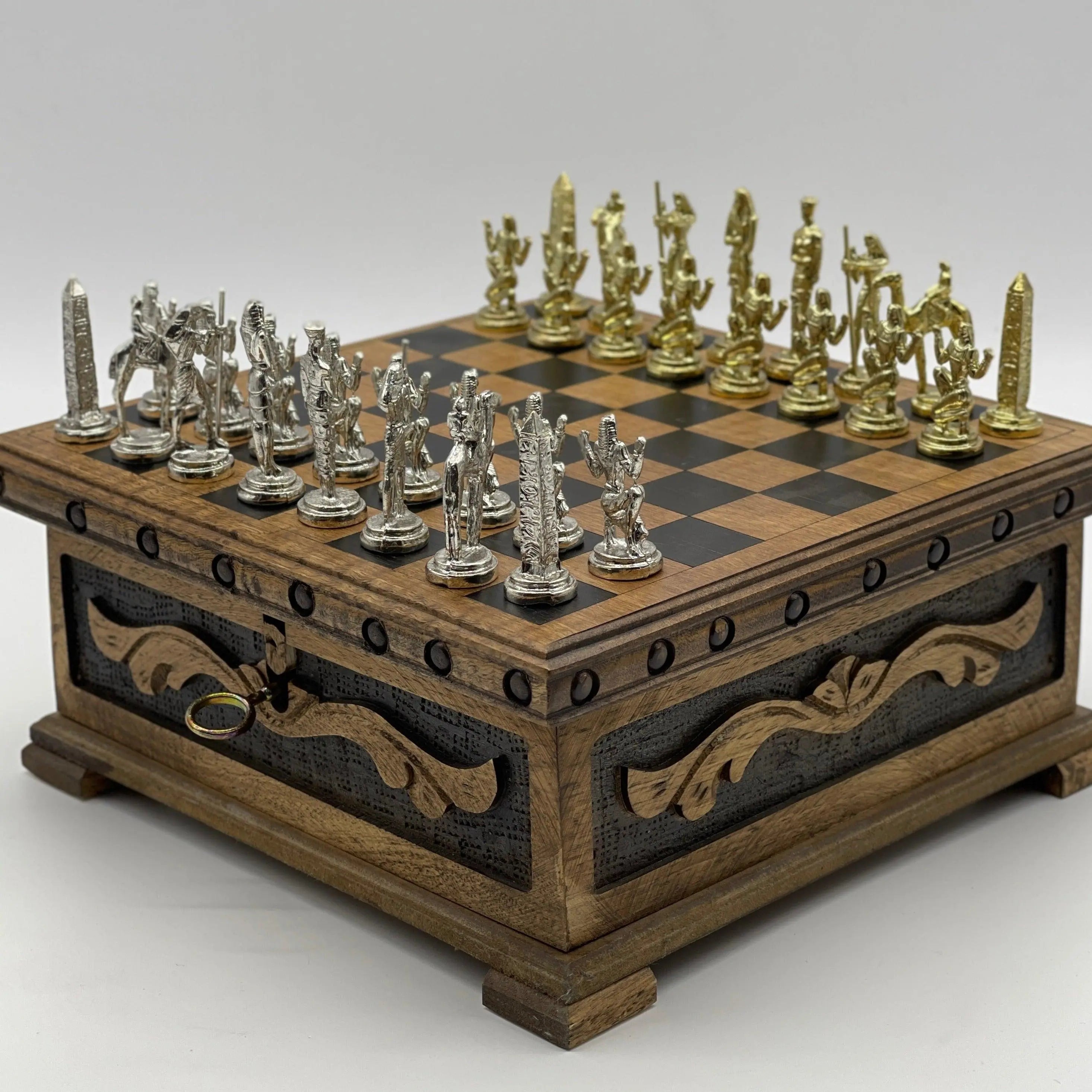 Personalized Wooden Chess Box with Hidden Compartment, Egyptian Metal Chess Pieces - AsyaWoodArt