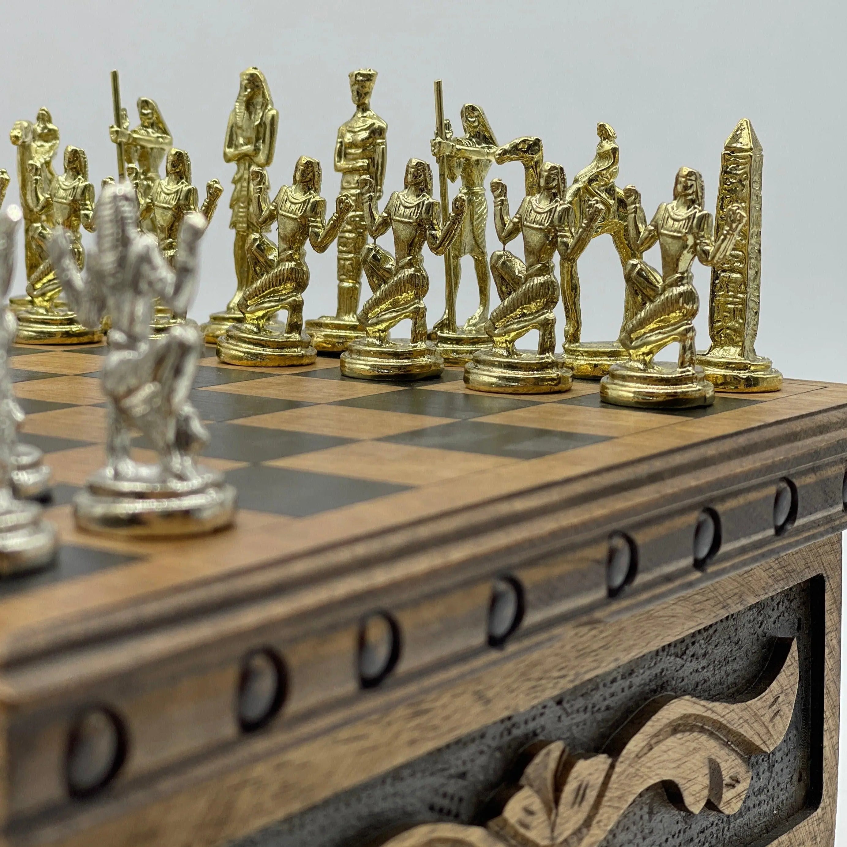 Personalized Wooden Chess Box with Hidden Compartment, Egyptian Metal Chess Pieces - AsyaWoodArt