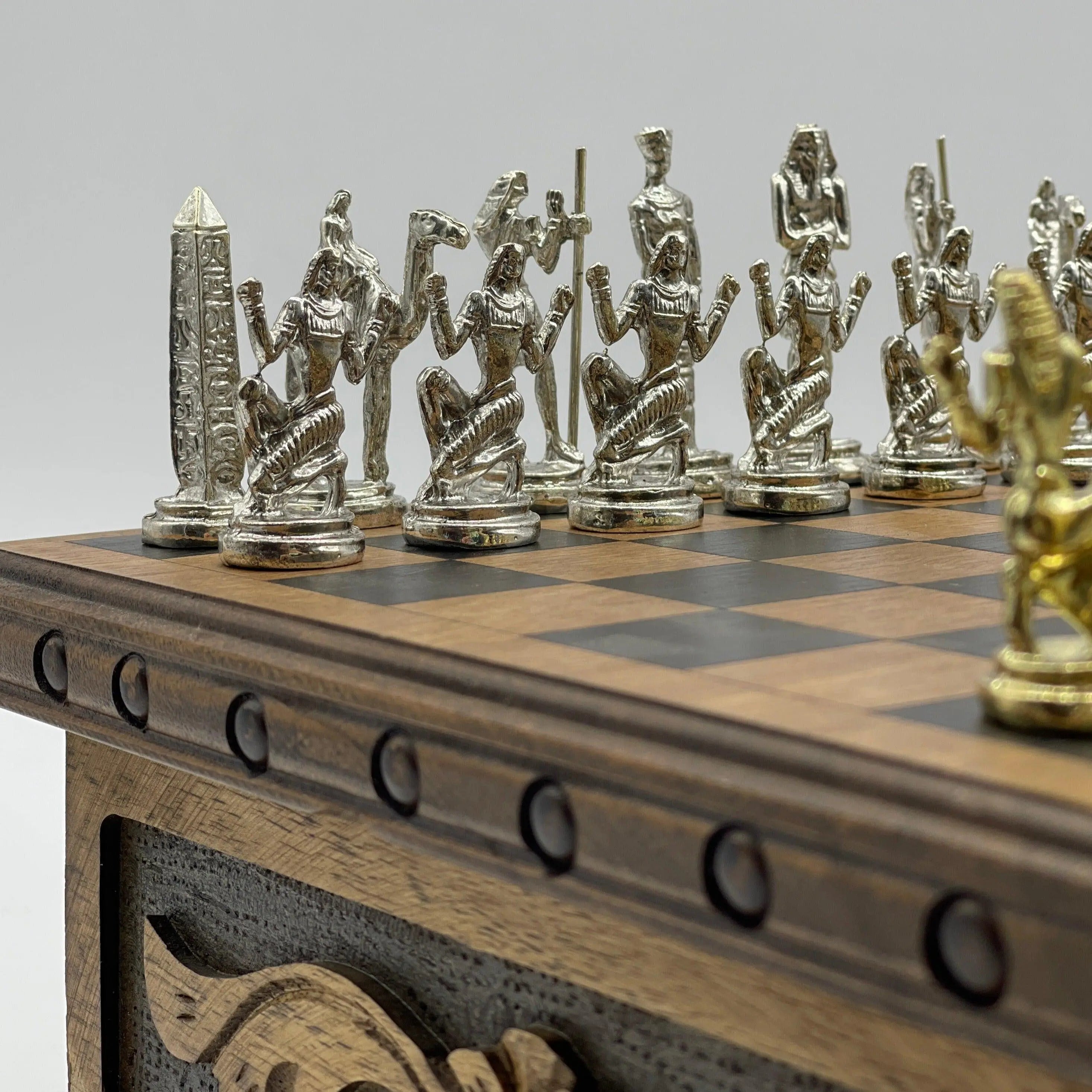 Personalized Wooden Chess Box with Hidden Compartment, Egyptian Metal Chess Pieces - AsyaWoodArt