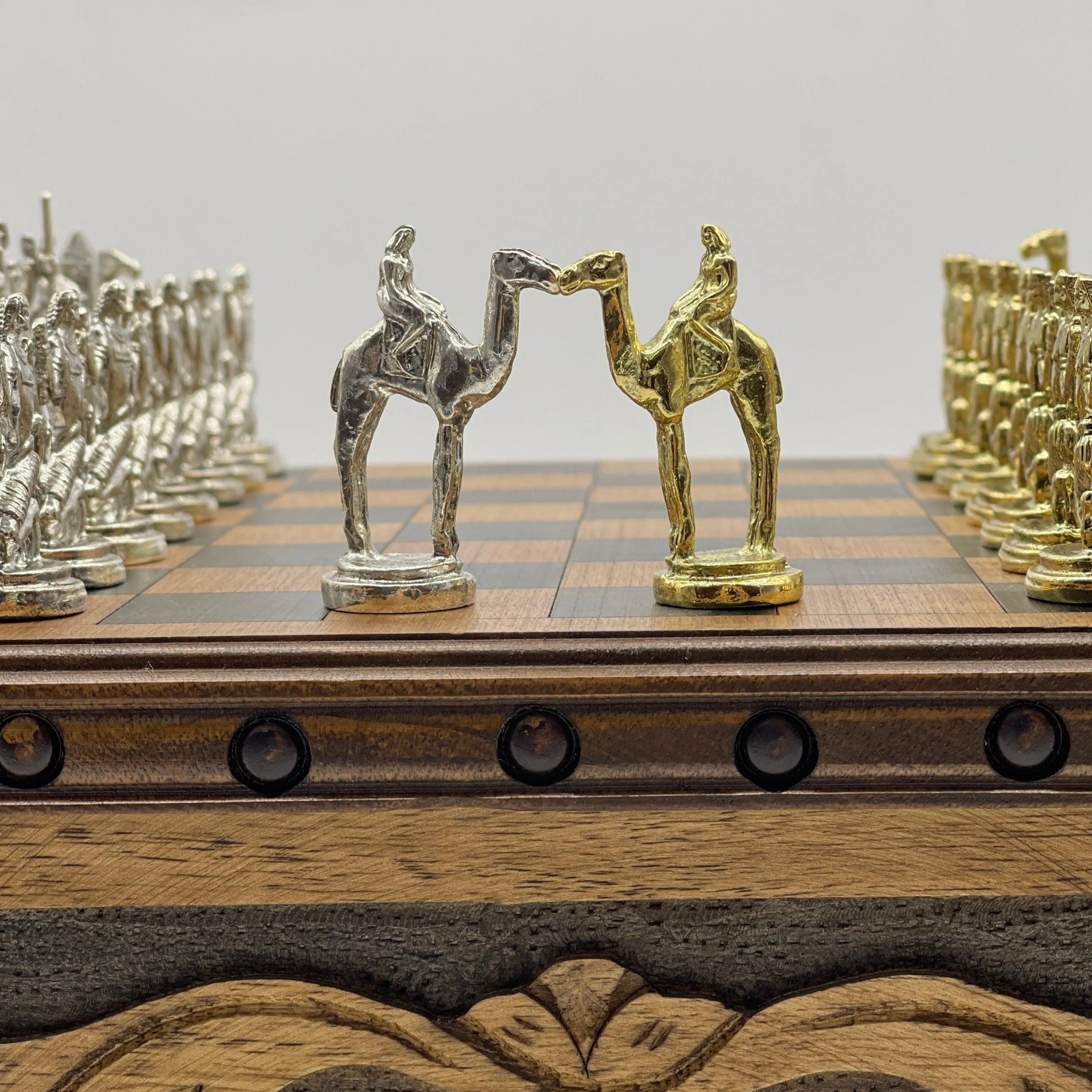 Personalized Wooden Chess Box with Hidden Compartment, Egyptian Metal Chess Pieces - AsyaWoodArt