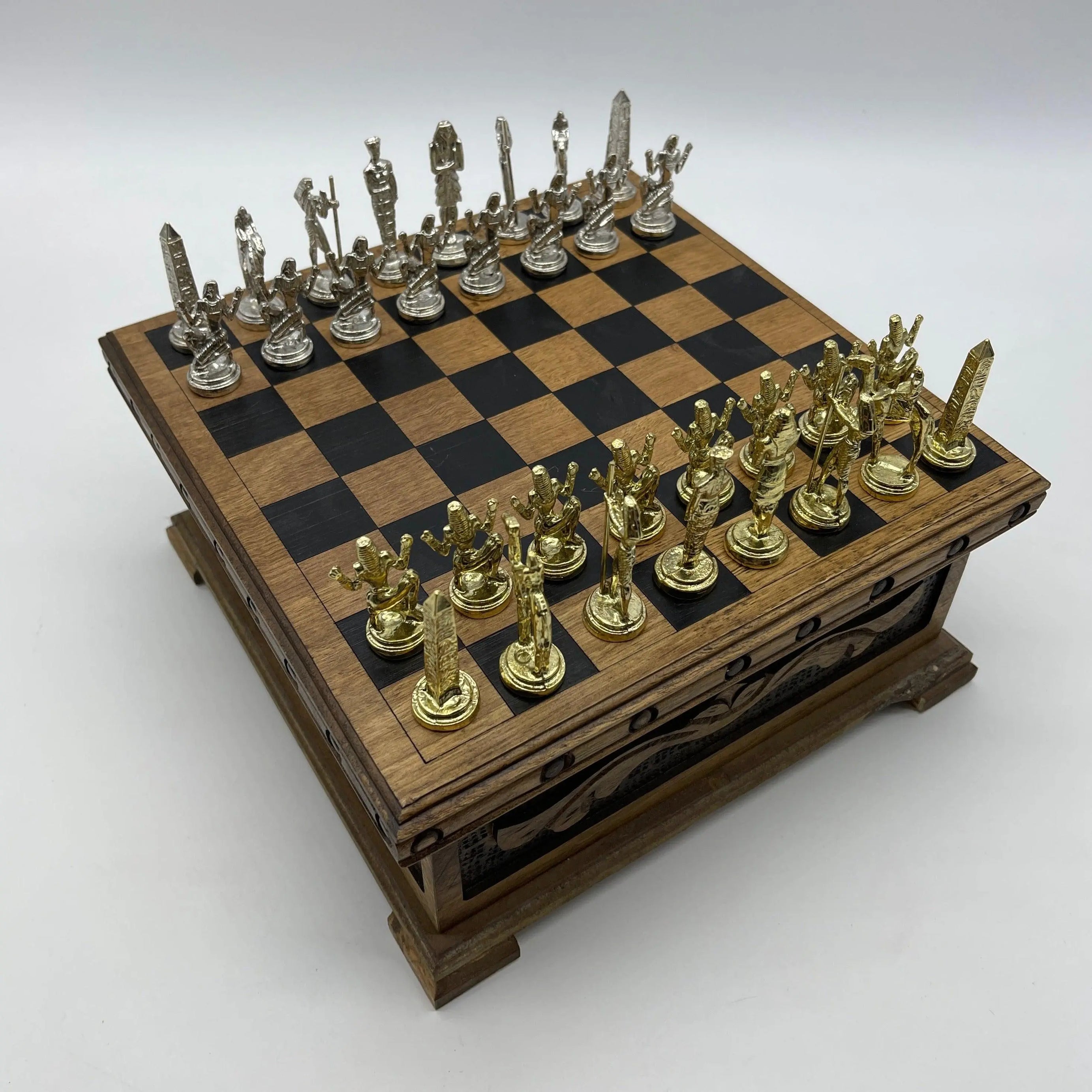 Personalized Wooden Chess Box with Hidden Compartment, Egyptian Metal Chess Pieces - AsyaWoodArt