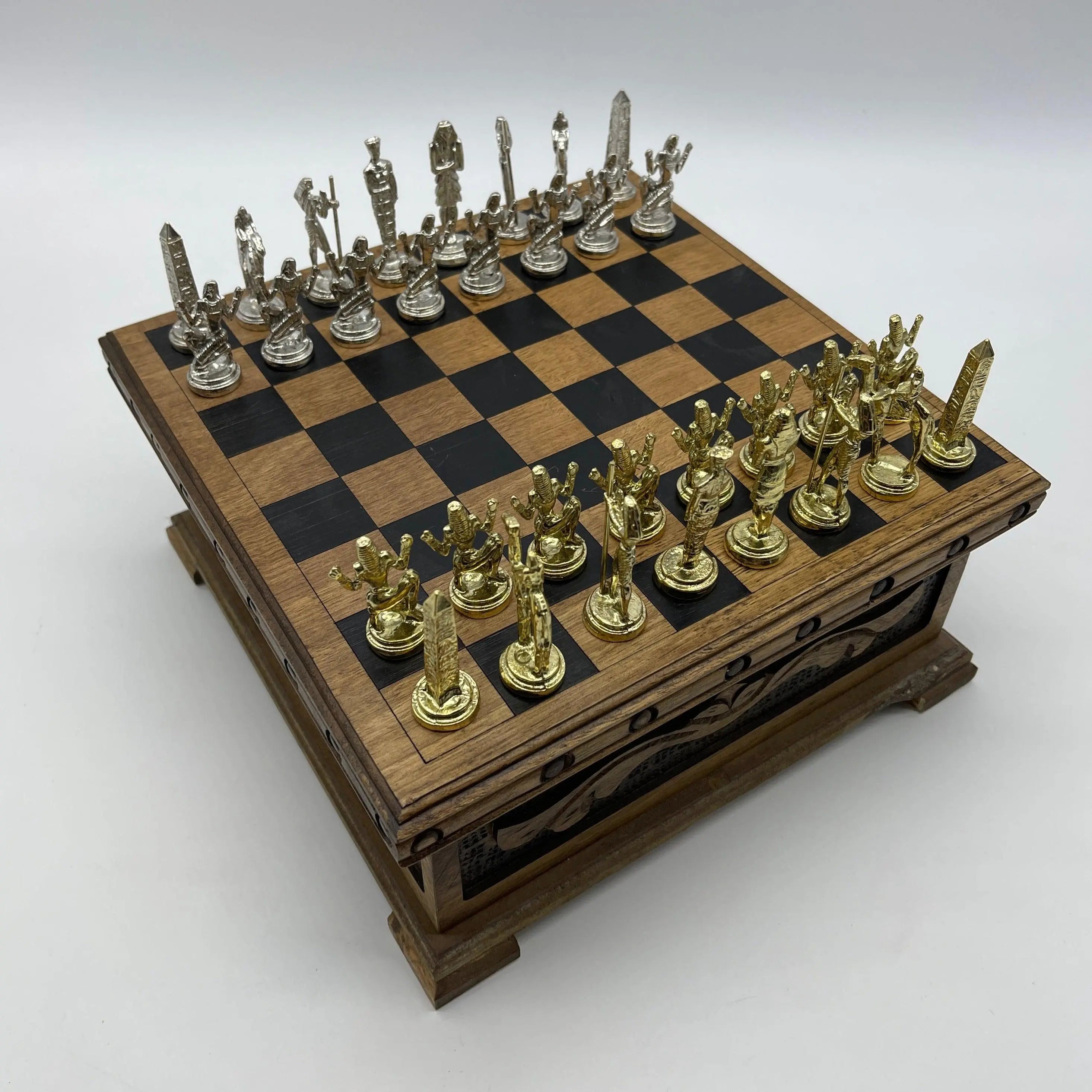 Personalized Wooden Chess Box with Hidden Compartment, Egyptian Metal Chess Pieces - AsyaWoodArt