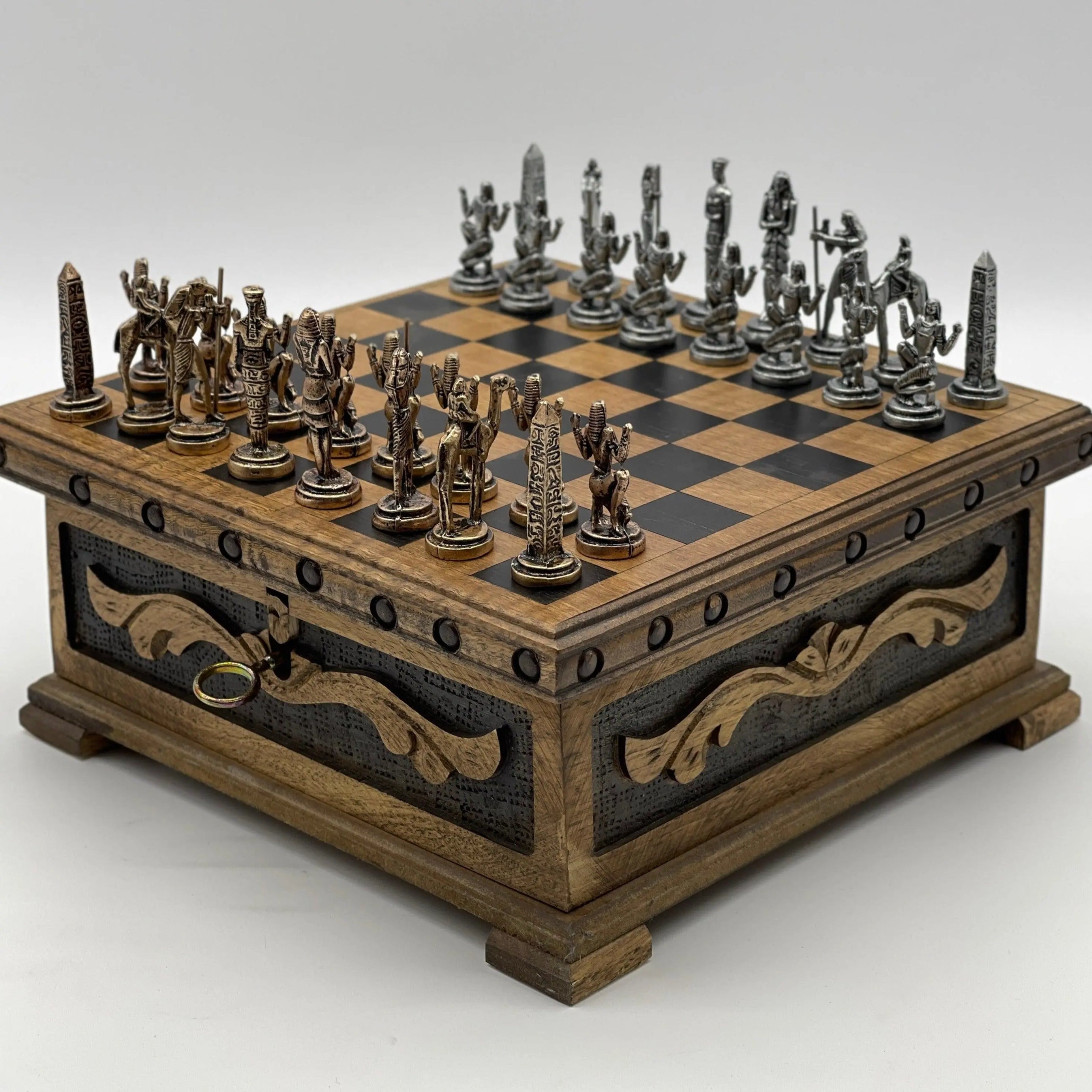 Personalized Wooden Chess Box with Hidden Compartment, Egyptian Metal Chess Pieces - AsyaWoodArt