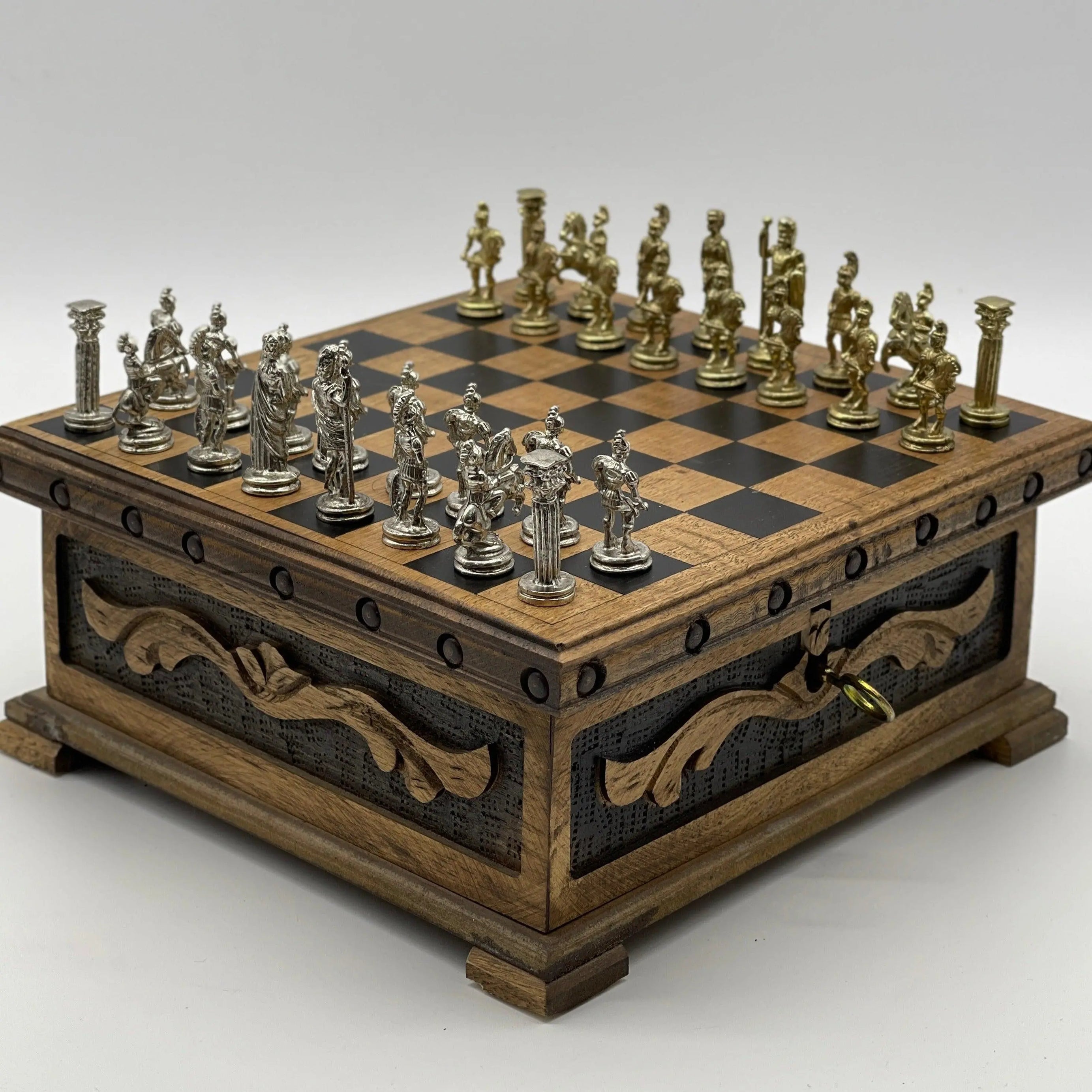 Personalized Wooden Chess Box with Hidden Compartment, Romans Metal Chess Pieces - AsyaWoodArt