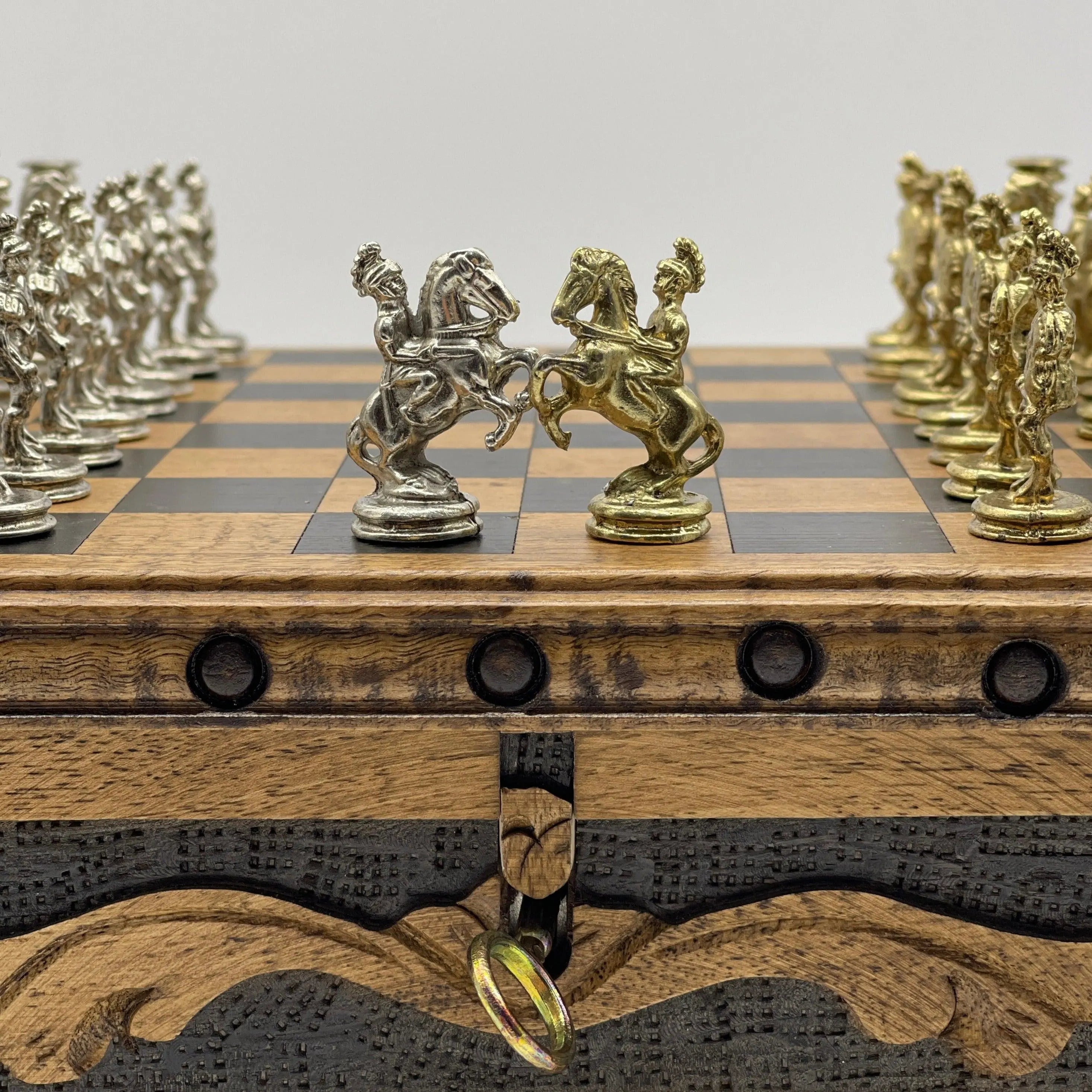 Personalized Wooden Chess Box with Hidden Compartment, Romans Metal Chess Pieces - AsyaWoodArt