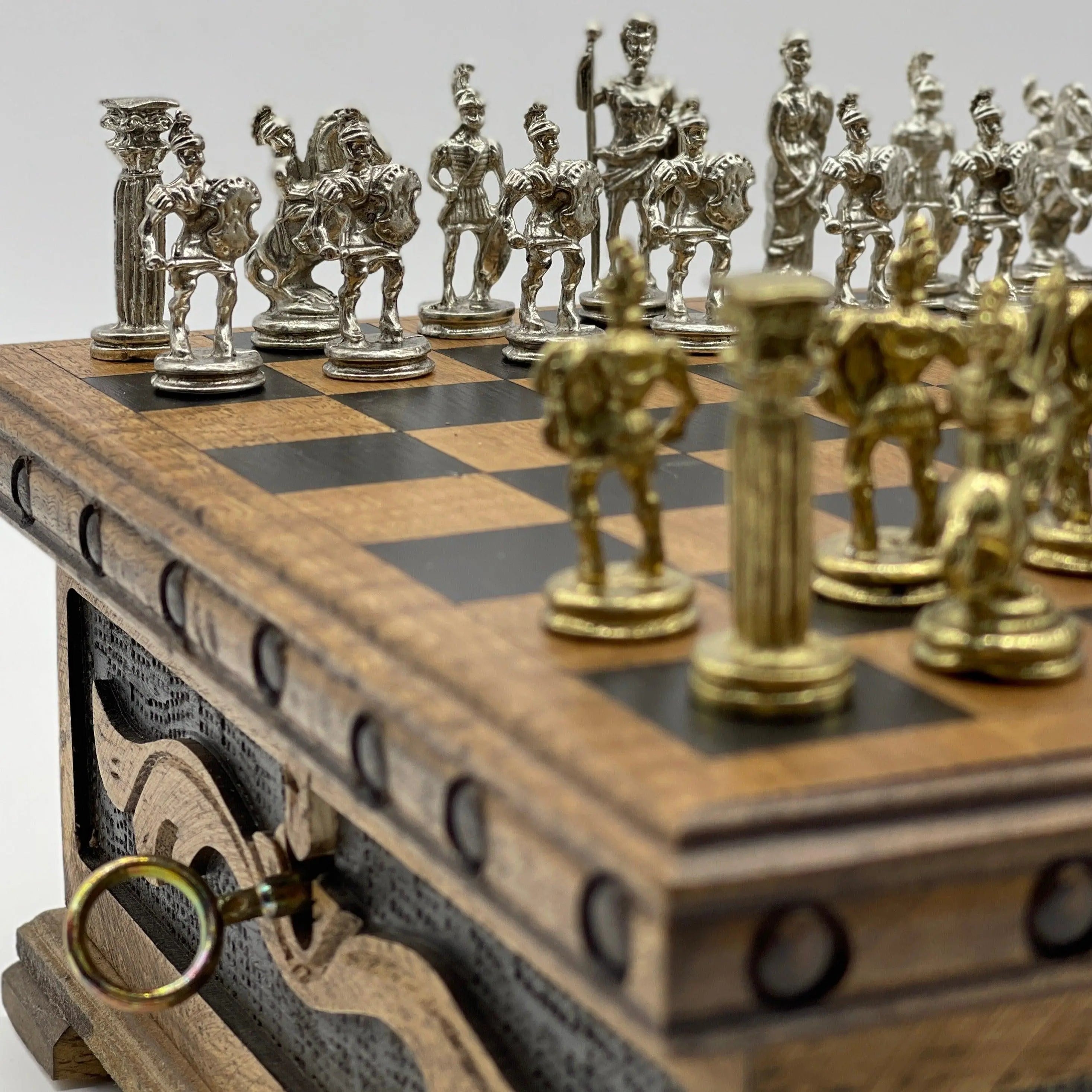Personalized Wooden Chess Box with Hidden Compartment, Romans Metal Chess Pieces - AsyaWoodArt