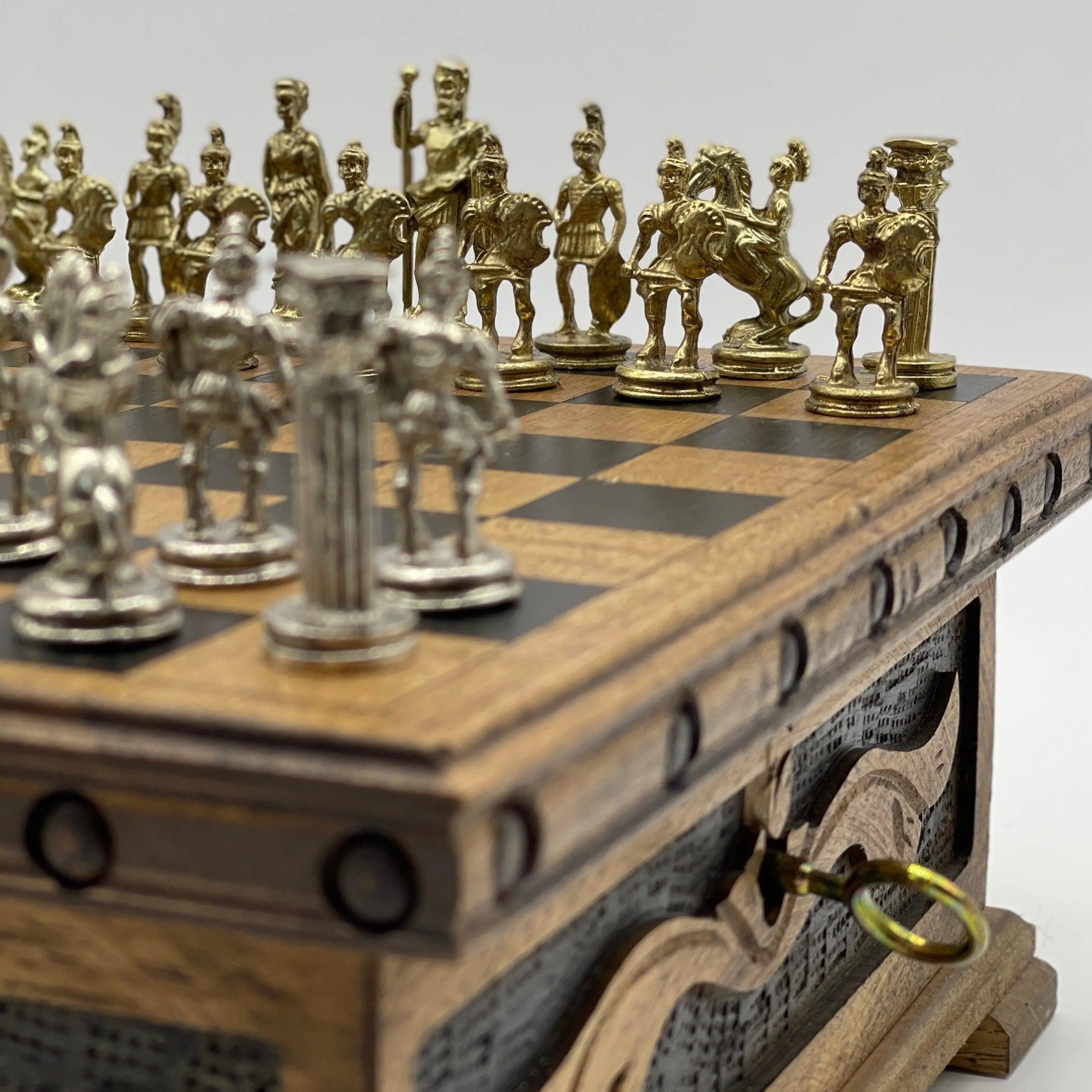 Personalized Wooden Chess Box with Hidden Compartment, Romans Metal Chess Pieces - AsyaWoodArt