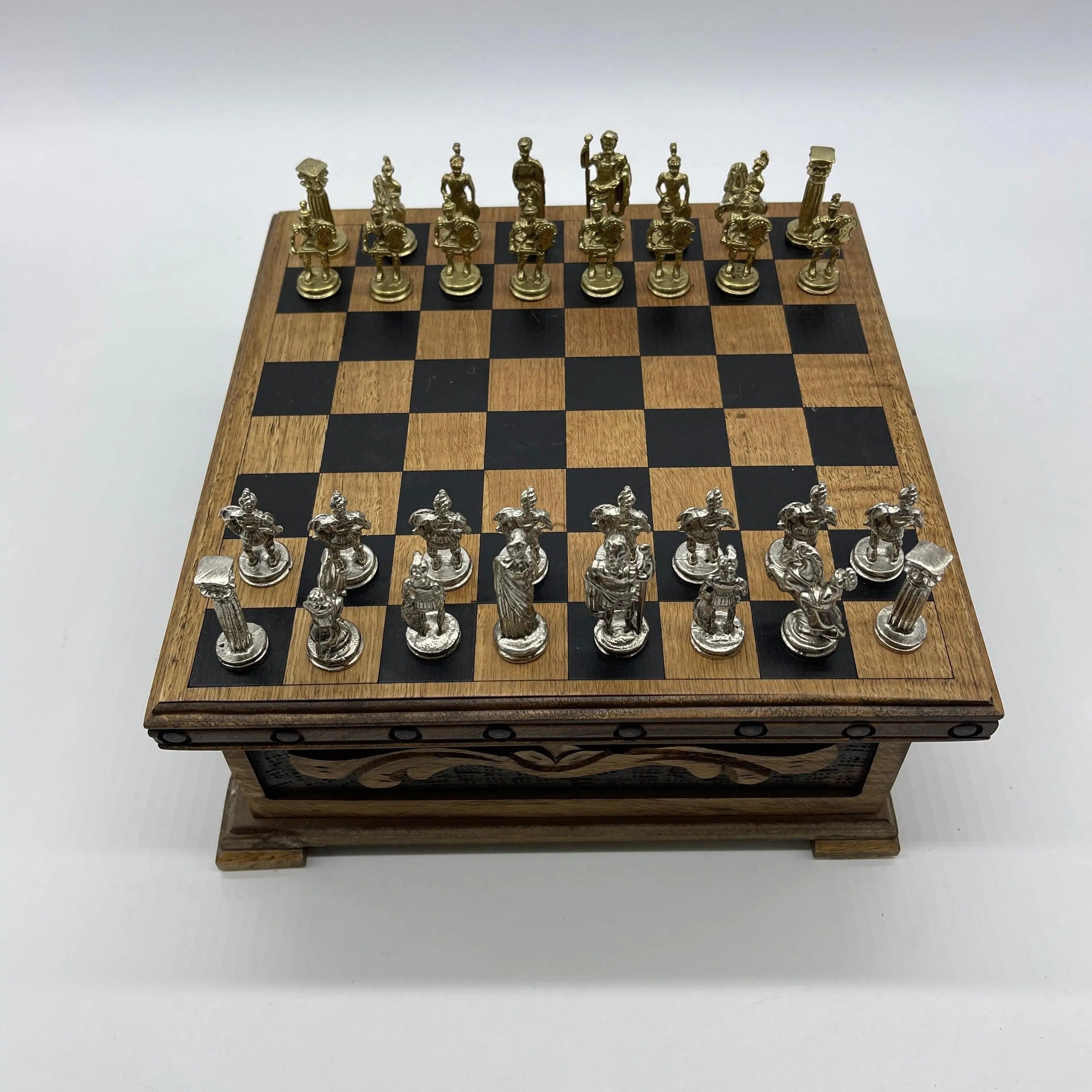Personalized Wooden Chess Box with Hidden Compartment, Romans Metal Chess Pieces - AsyaWoodArt