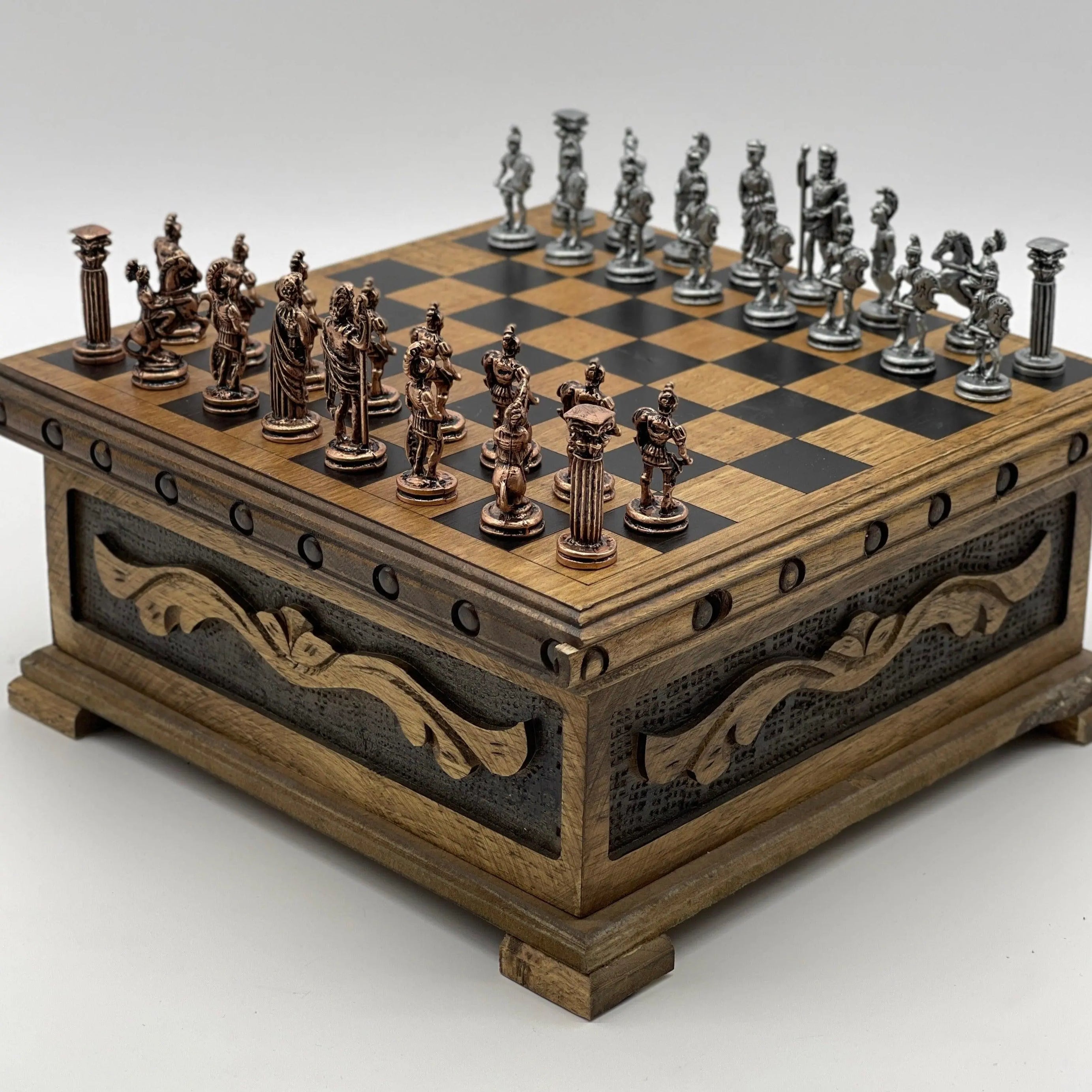 Personalized Wooden Chess Box with Hidden Compartment, Romans Metal Chess Pieces - AsyaWoodArt