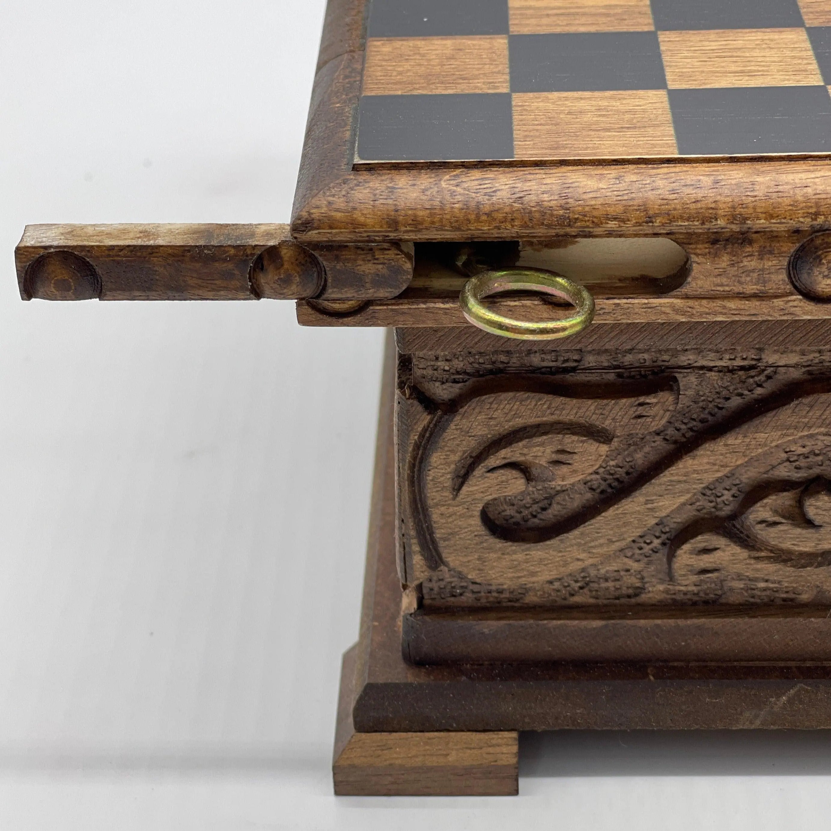 Personalized Wooden Chess Box with Hidden Compartment and Romans Metal Chess Pieces - AsyaWoodArt