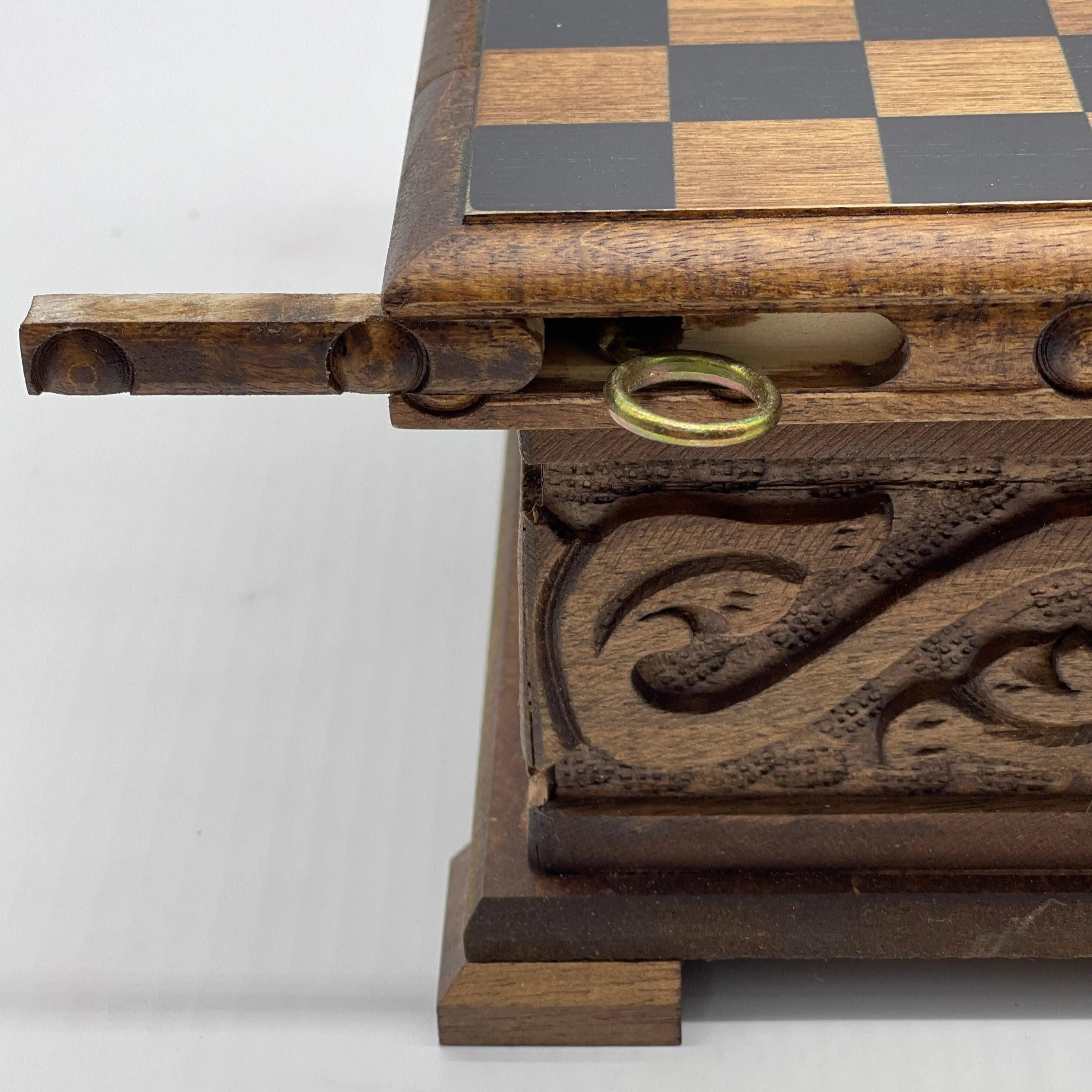 Personalized Wooden Chess Box with Hidden Compartment and Romans Metal Chess Pieces - AsyaWoodArt