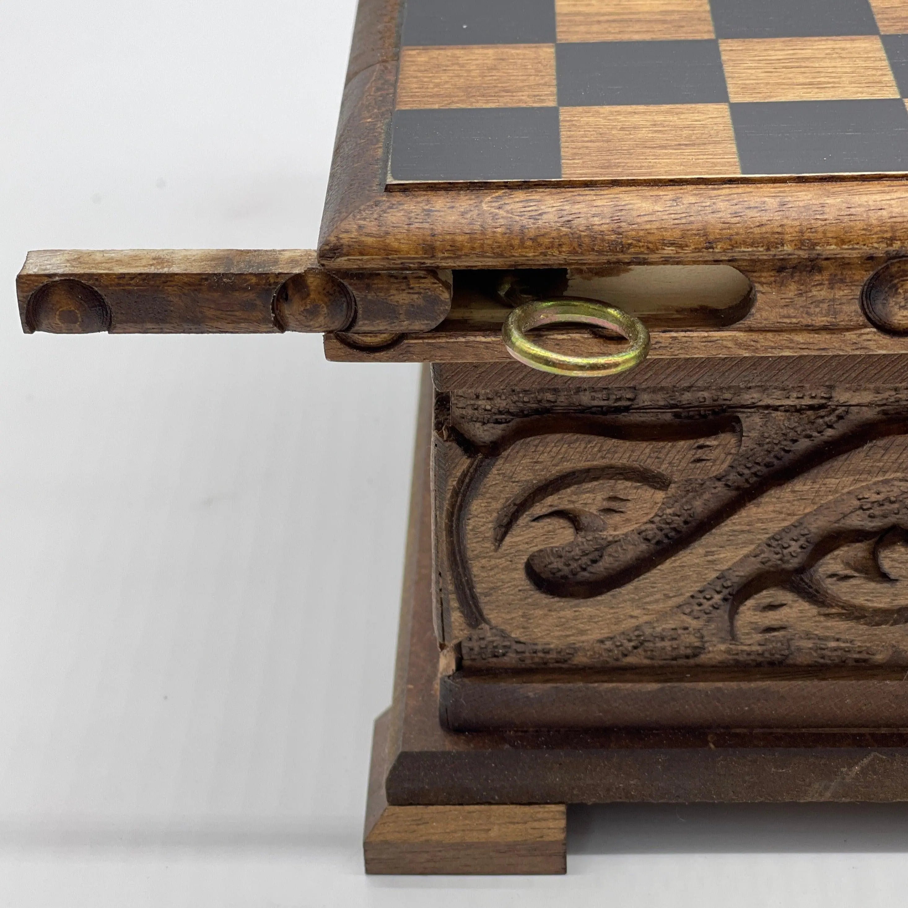 Personalized Mini Wooden Chess Box with Hidden Compartment, Romans Metal Chess Pieces - AsyaWoodArt