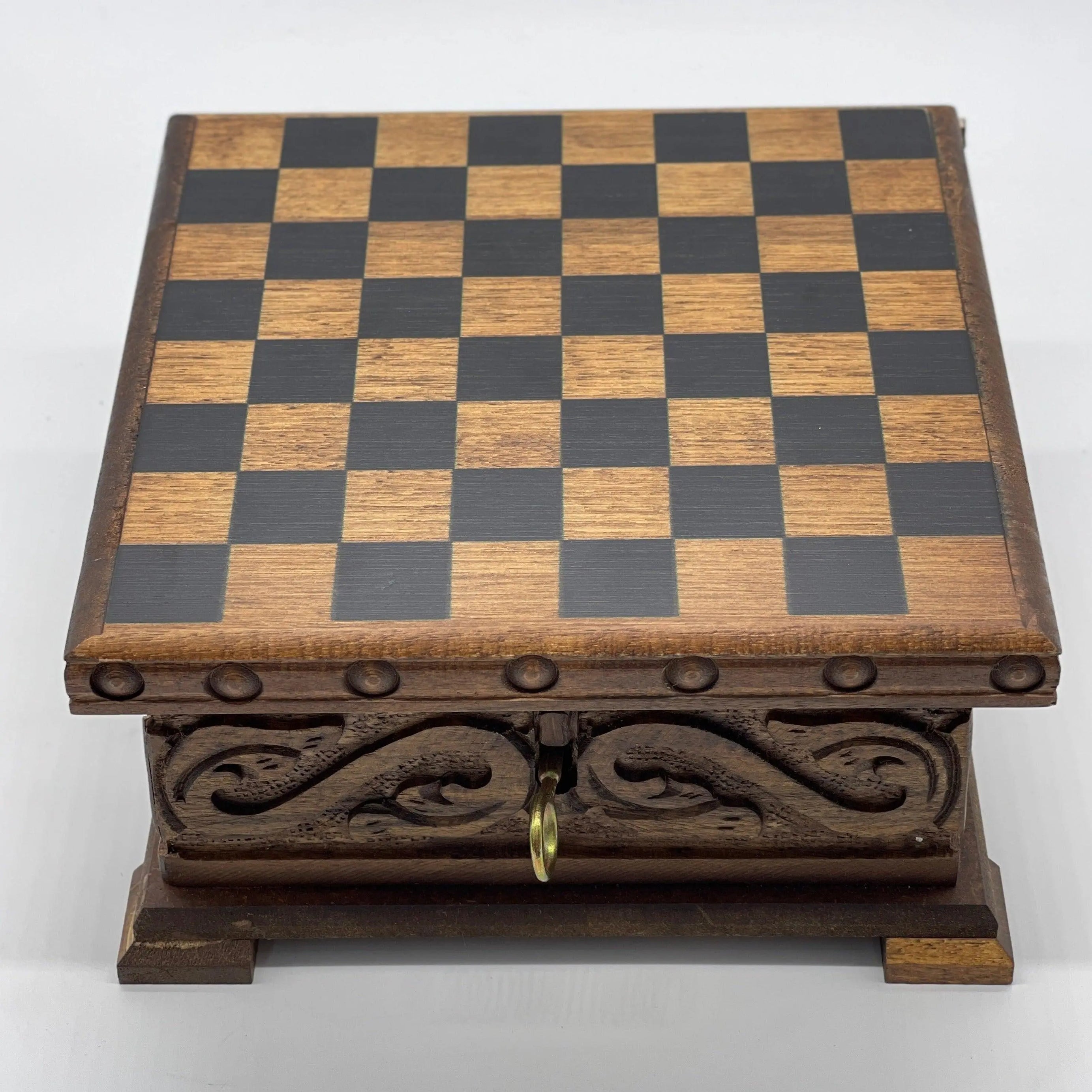 Personalized Wooden Chess Box with Hidden Compartment and Romans Metal Chess Pieces - AsyaWoodArt