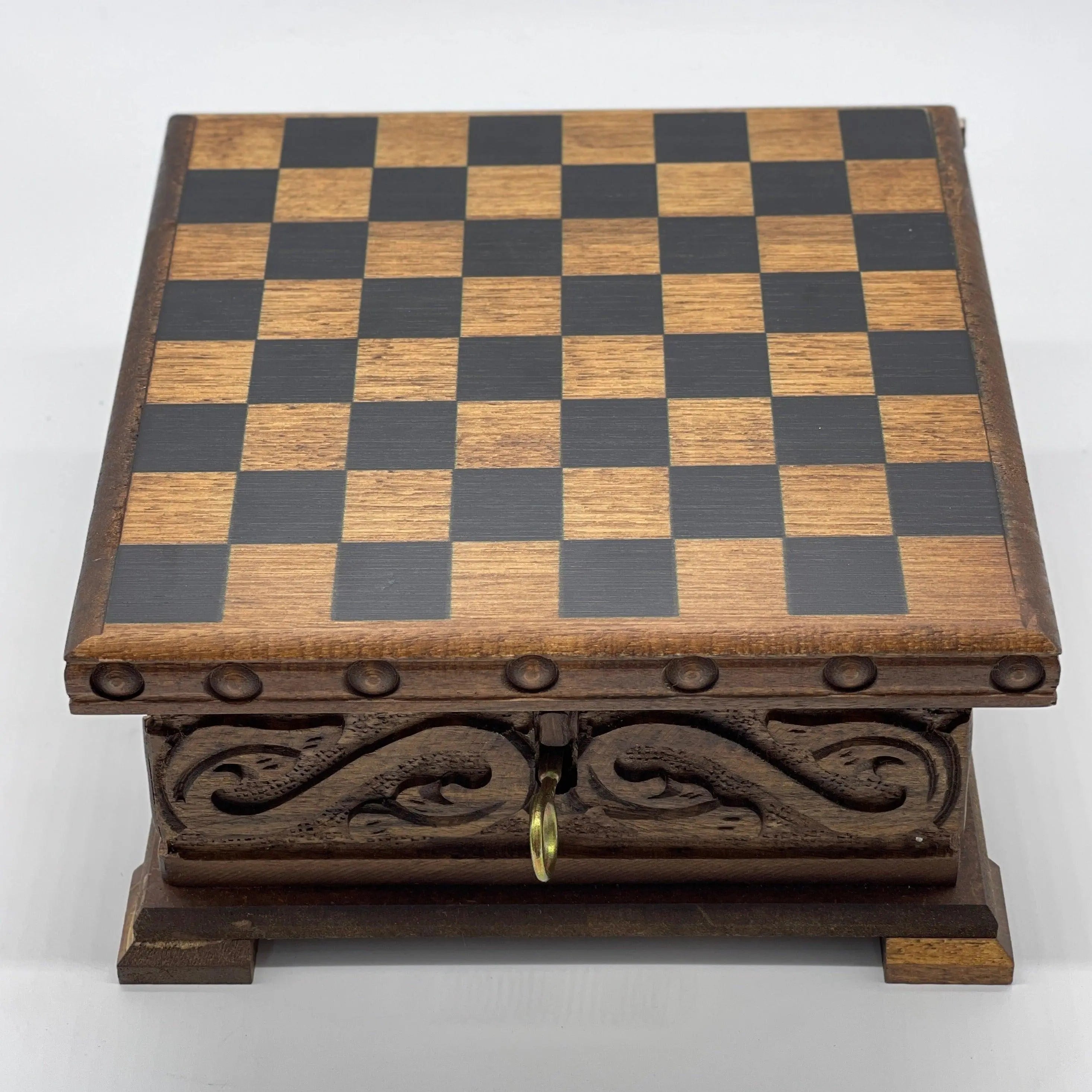 Personalized Wooden Chess Box with Hidden Compartment and Romans Metal Chess Pieces - AsyaWoodArt