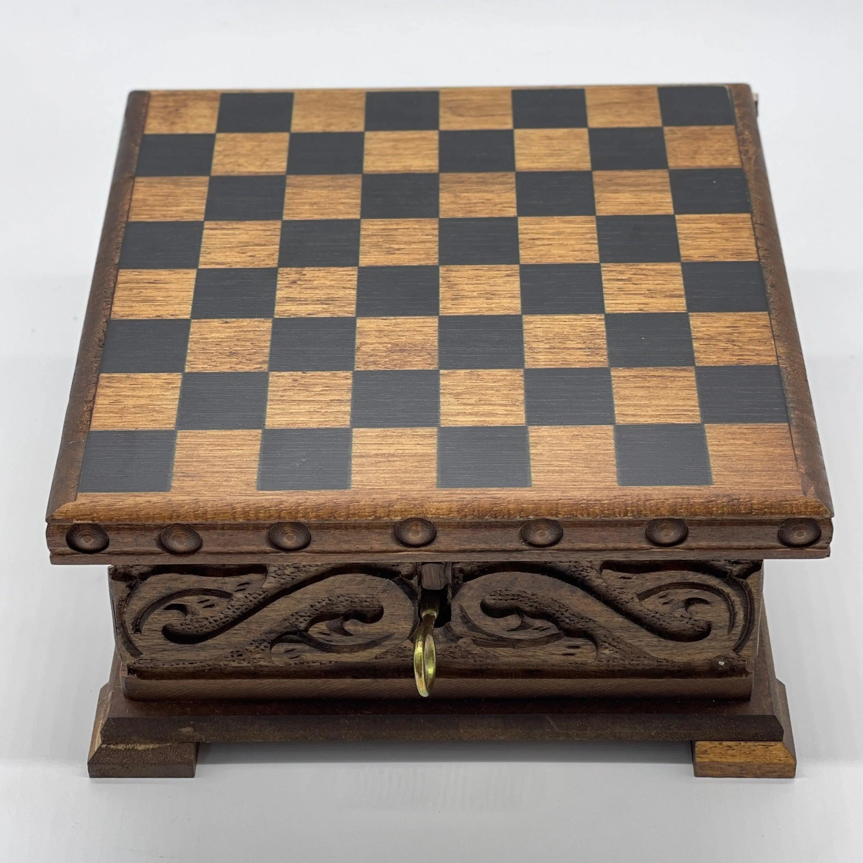 Personalized Mini Wooden Chess Box with Hidden Compartment, Romans Metal Chess Pieces - AsyaWoodArt