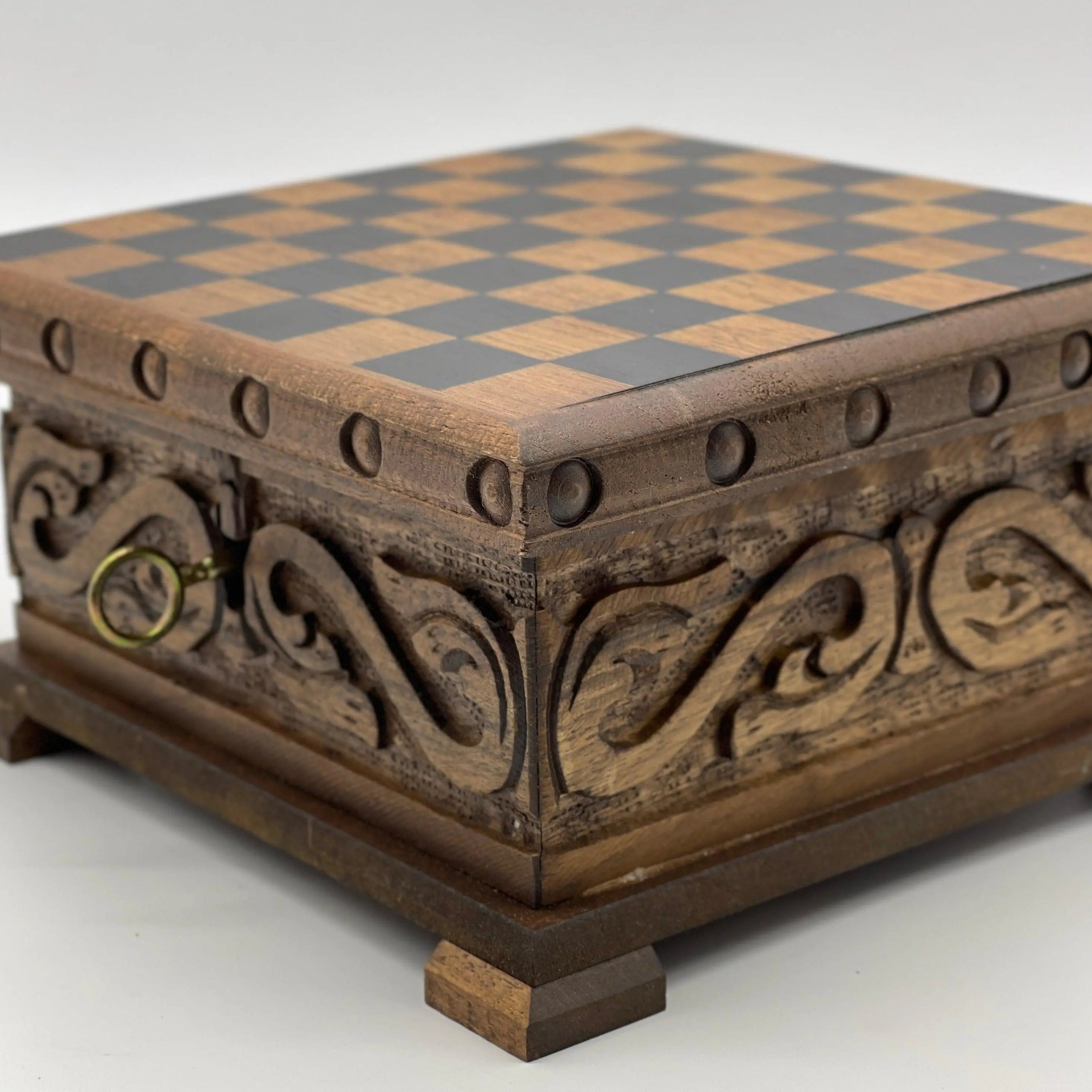 Personalized Wooden Chess Box with Hidden Compartment and Romans Metal Chess Pieces - AsyaWoodArt