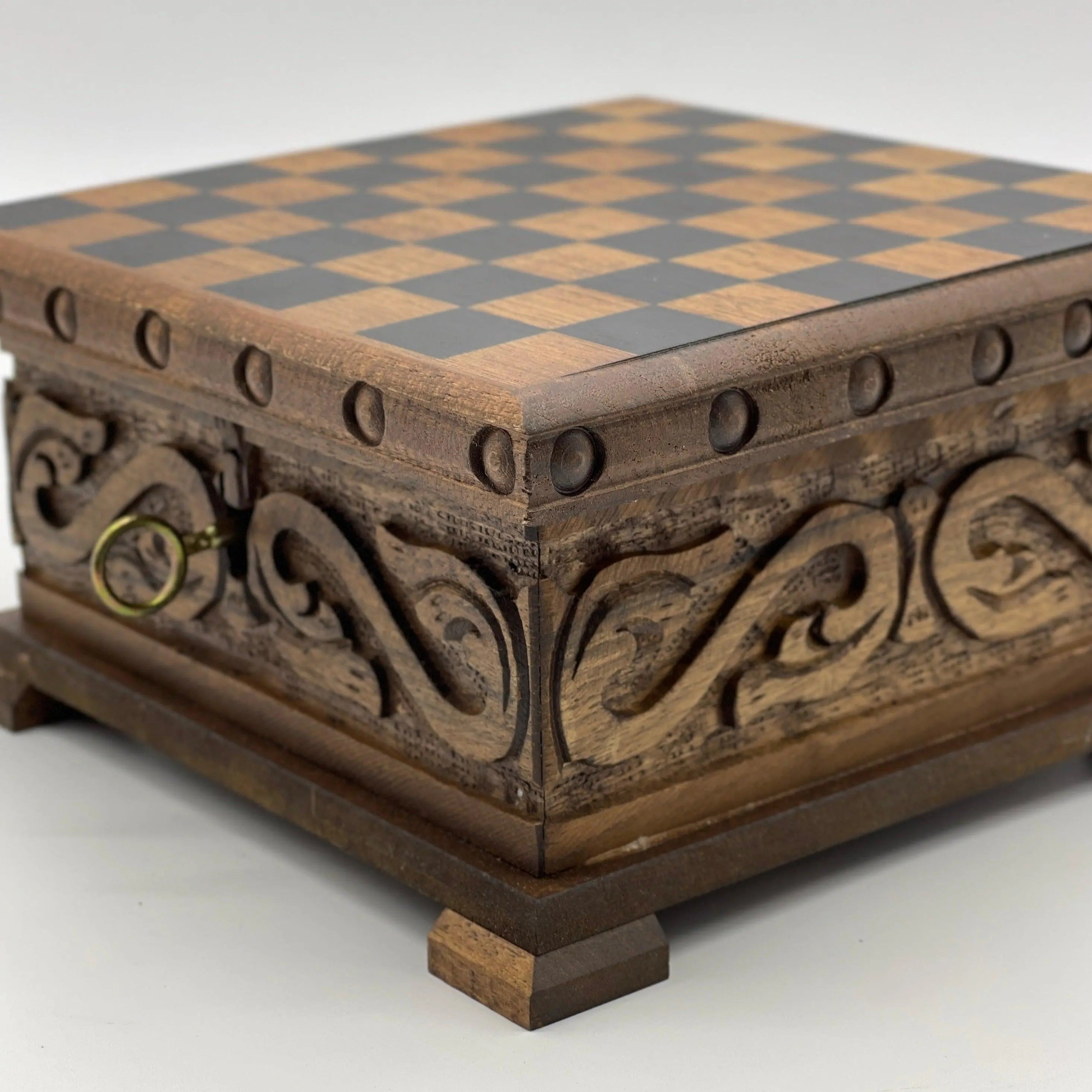 Personalized Mini Wooden Chess Box with Hidden Compartment, Romans Metal Chess Pieces - AsyaWoodArt