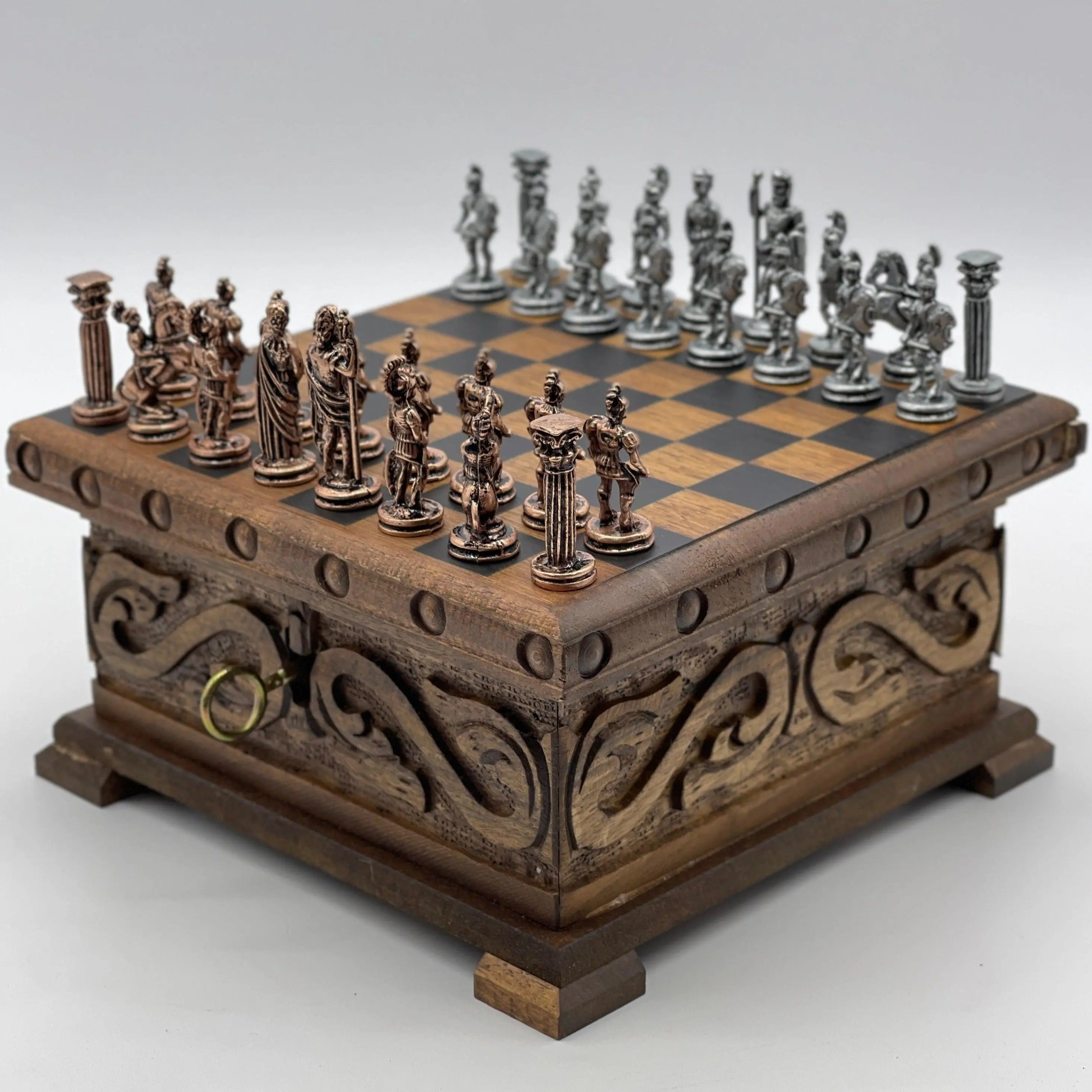 Personalized Mini Wooden Chess Box with Hidden Compartment, Romans Metal Chess Pieces - AsyaWoodArt