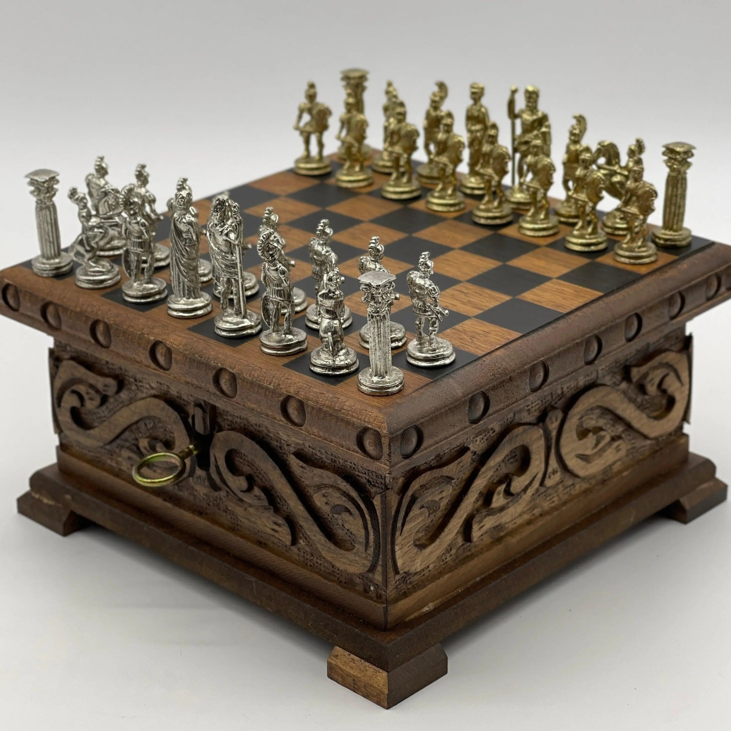 Personalized Mini Wooden Chess Box with Hidden Compartment, Romans Metal Chess Pieces - AsyaWoodArt