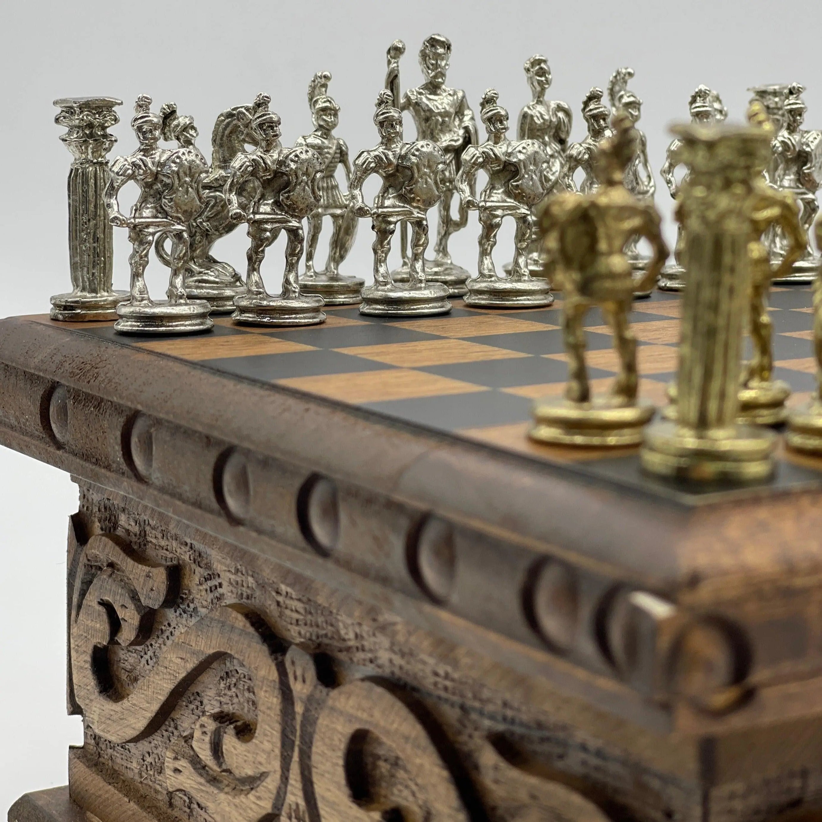 Personalized Mini Wooden Chess Box with Hidden Compartment, Romans Metal Chess Pieces - AsyaWoodArt
