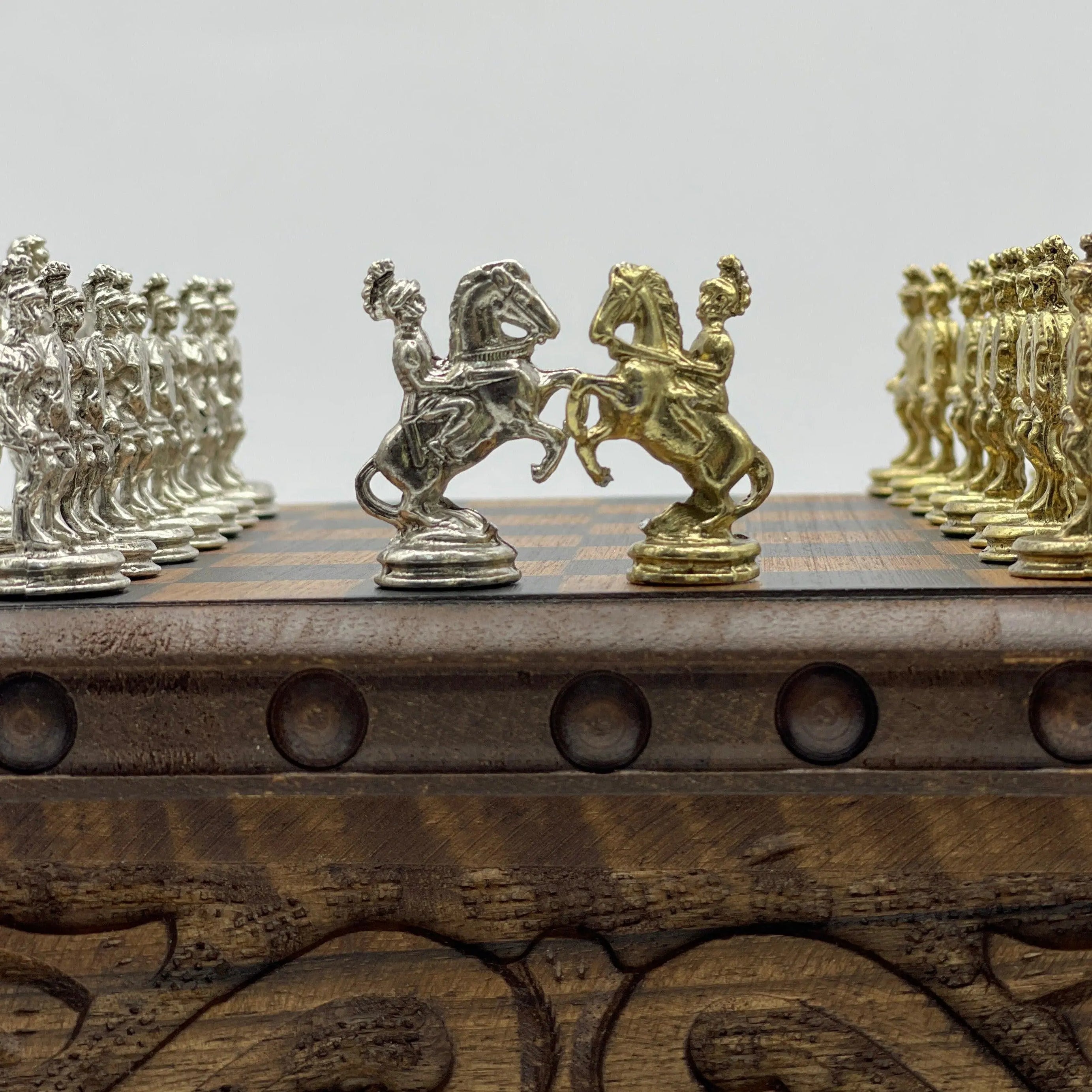 Personalized Mini Wooden Chess Box with Hidden Compartment, Romans Metal Chess Pieces - AsyaWoodArt