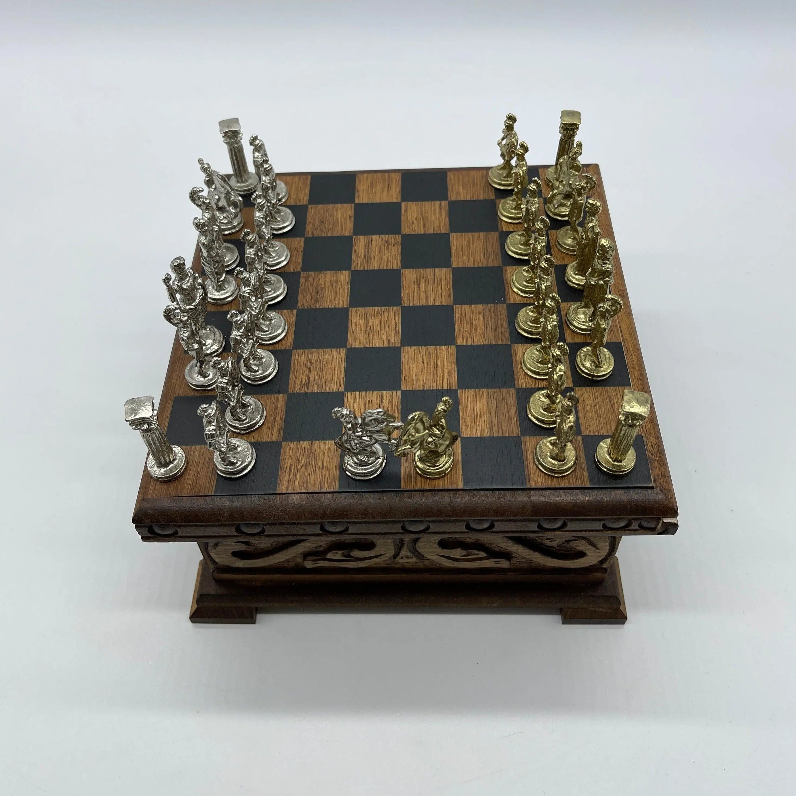 Personalized Mini Wooden Chess Box with Hidden Compartment, Romans Metal Chess Pieces - AsyaWoodArt