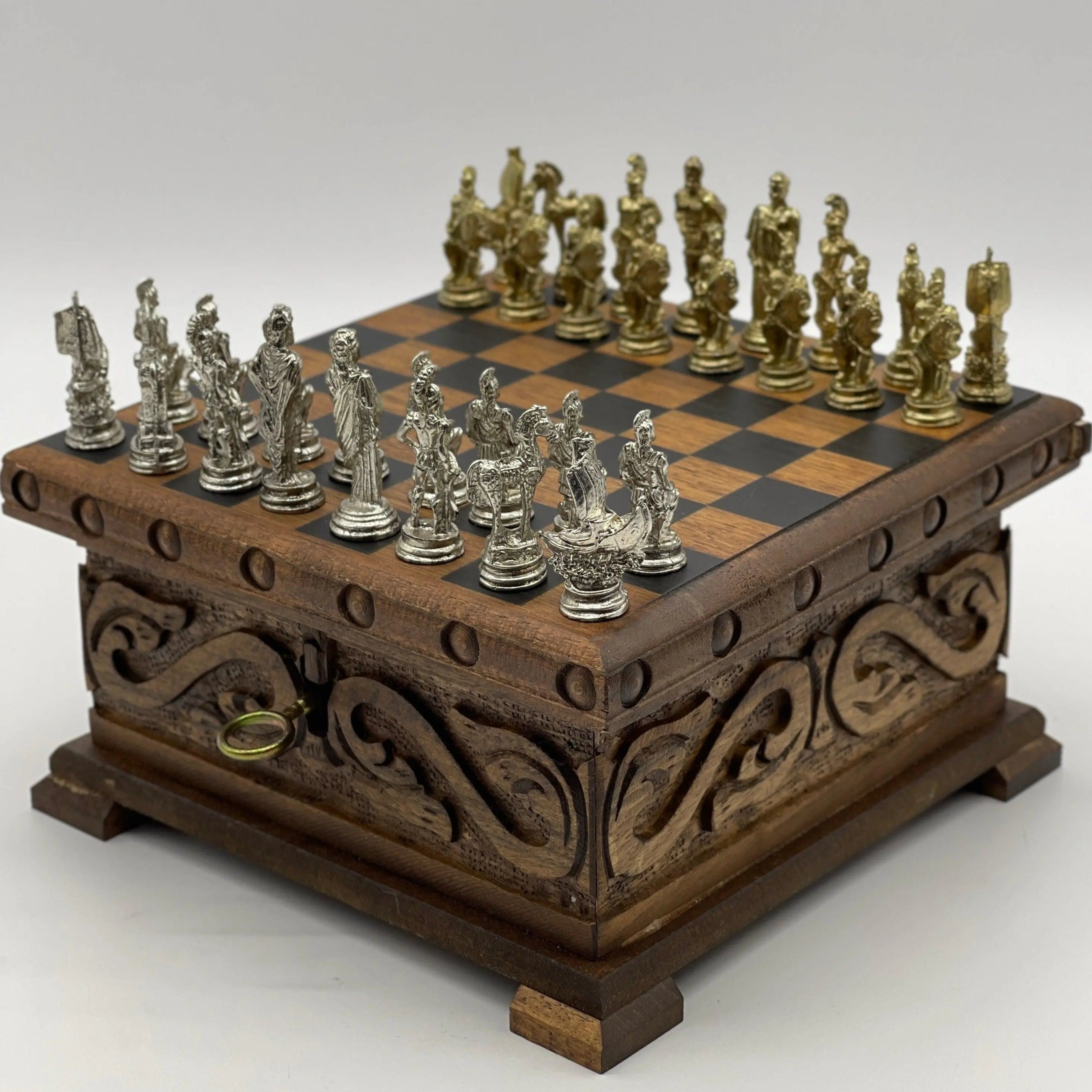 Personalized Wooden Chess Box with Hidden Compartment and Romans Metal Chess Pieces - AsyaWoodArt