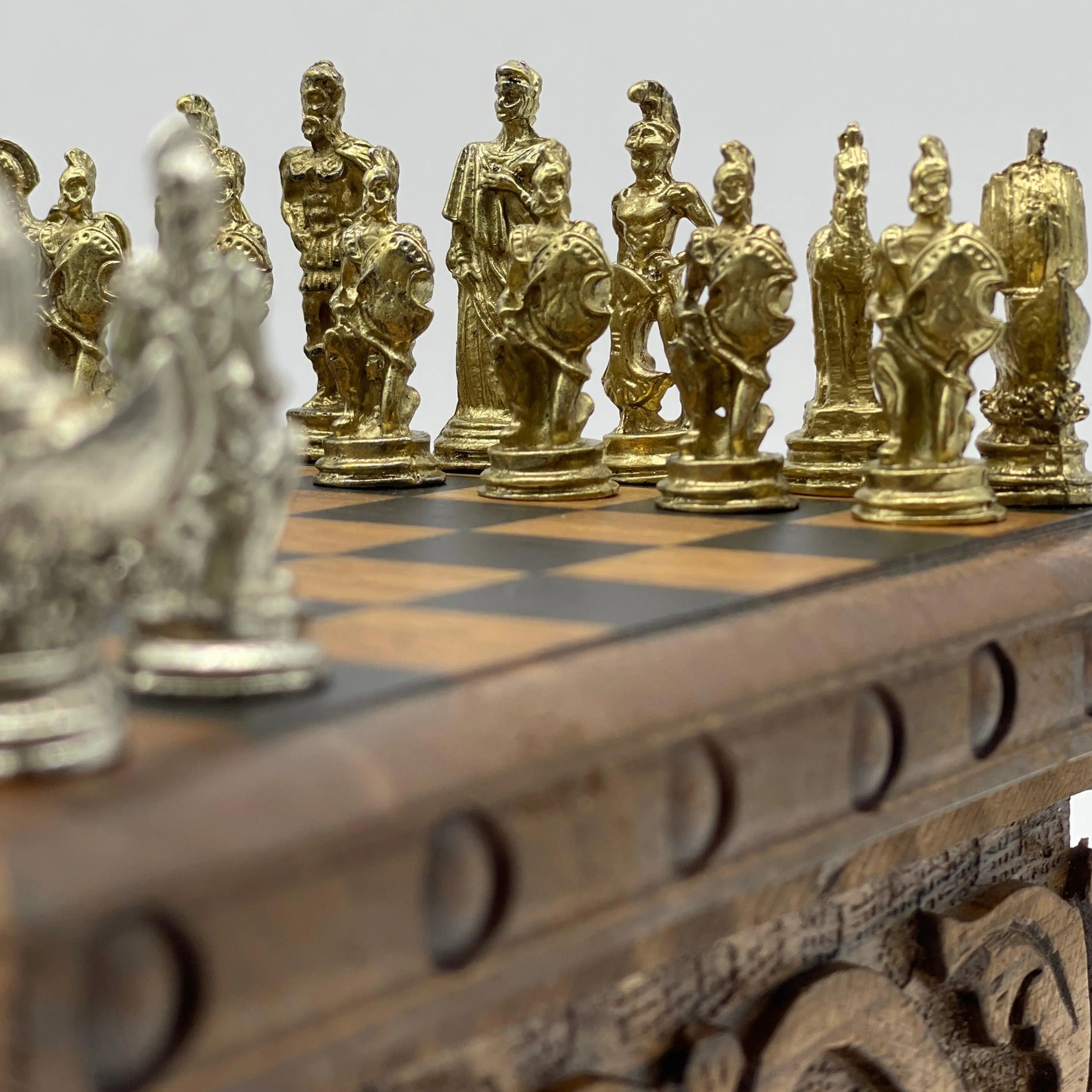 Personalized Wooden Chess Box with Hidden Compartment and Romans Metal Chess Pieces - AsyaWoodArt