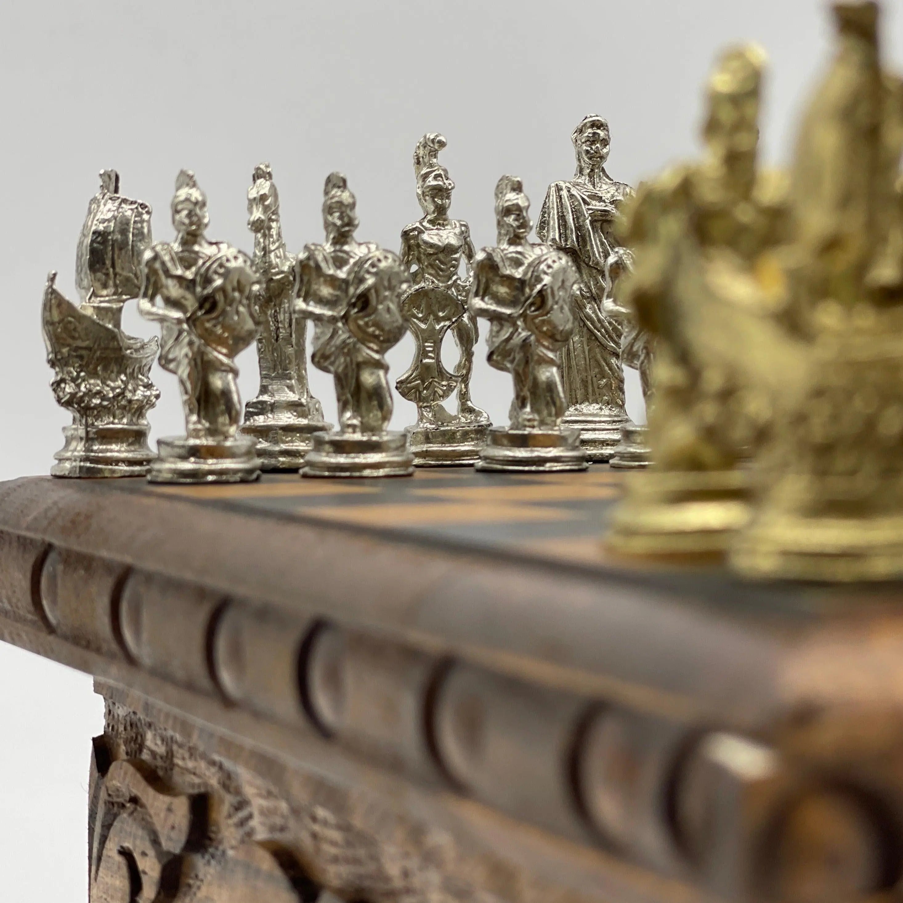 Personalized Wooden Chess Box with Hidden Compartment and Romans Metal Chess Pieces - AsyaWoodArt