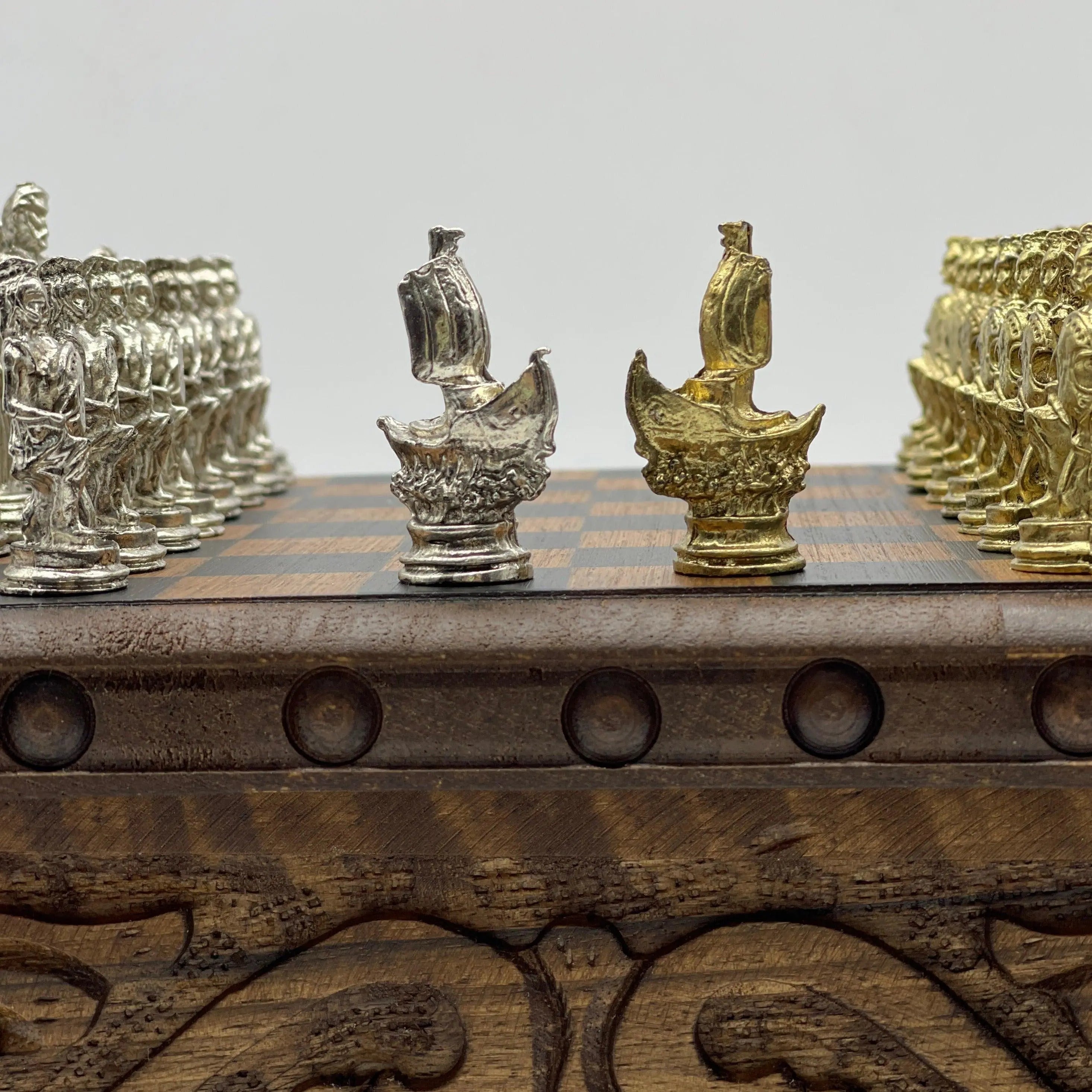 Personalized Wooden Chess Box with Hidden Compartment and Romans Metal Chess Pieces - AsyaWoodArt