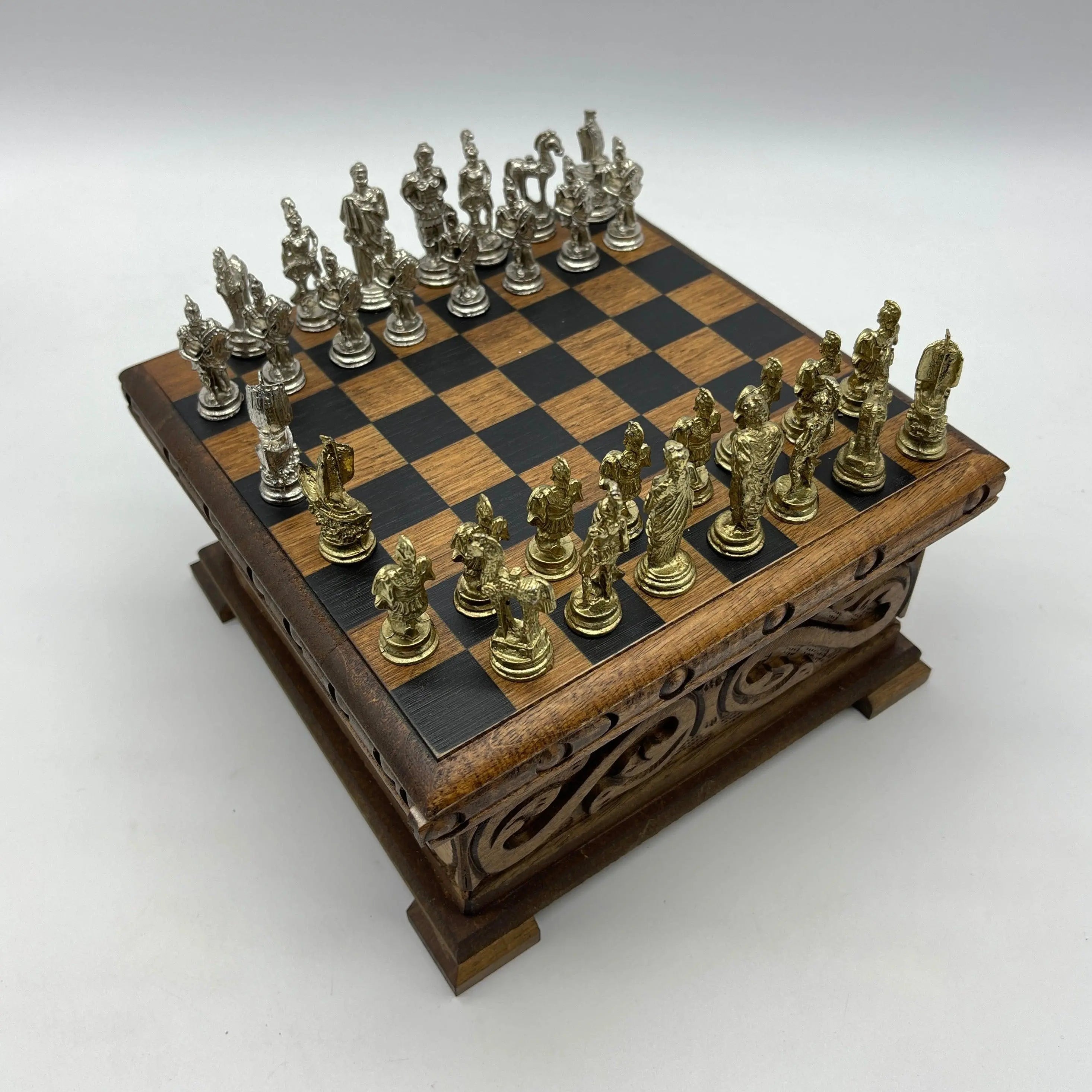 Personalized Wooden Chess Box with Hidden Compartment and Romans Metal Chess Pieces - AsyaWoodArt