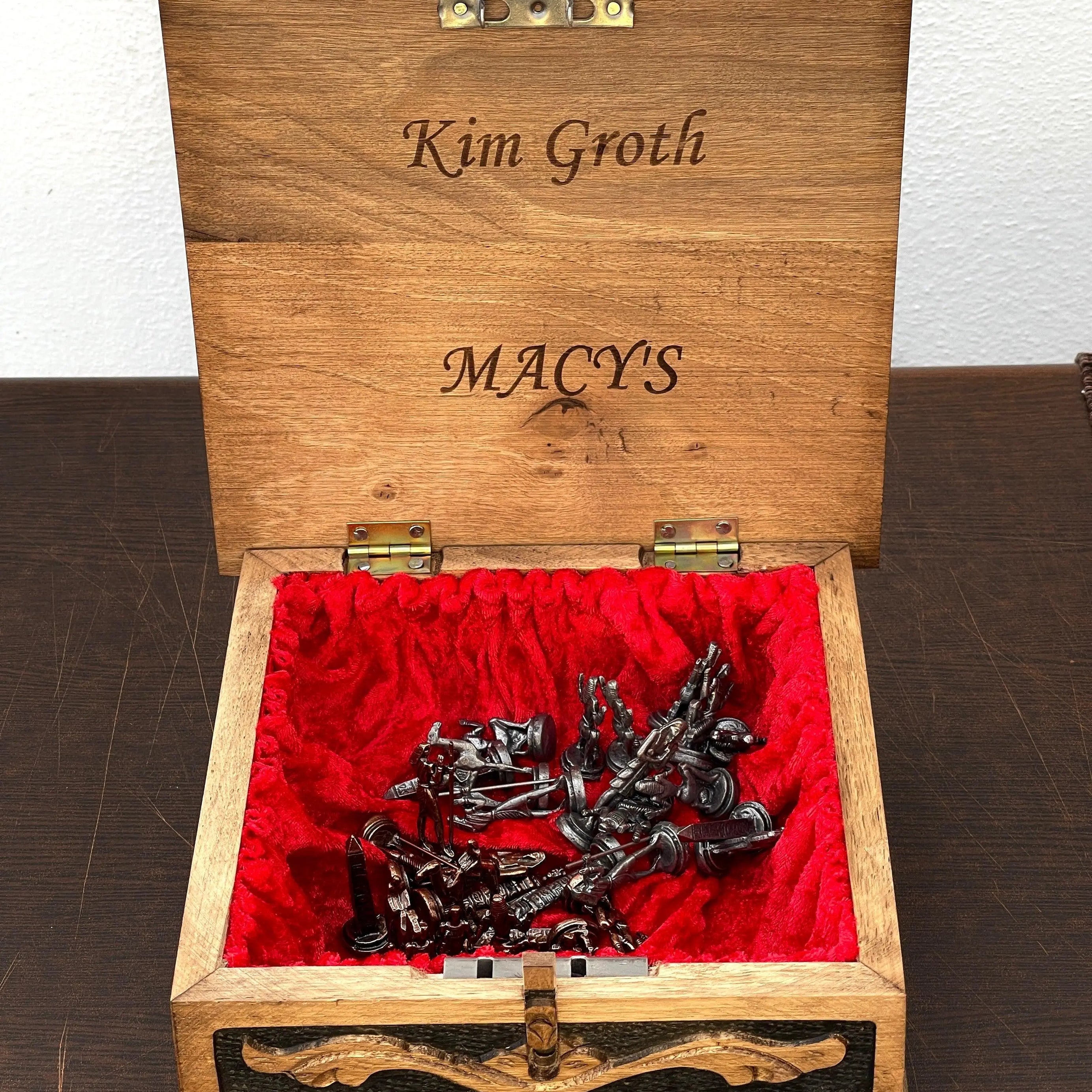Personalized Mini Wooden Chess Box with Hidden Compartment, Romans Metal Chess Pieces - AsyaWoodArt