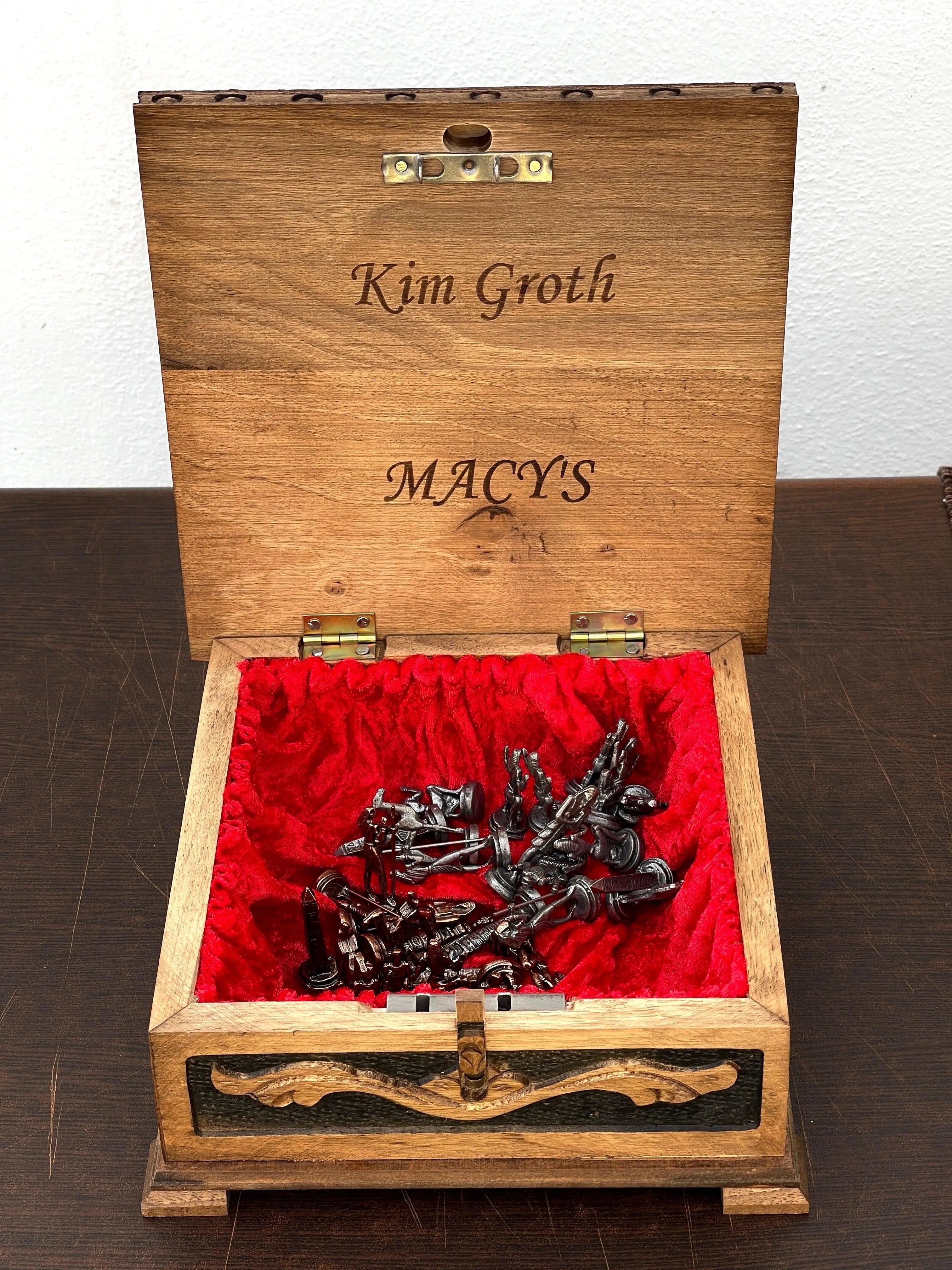 Personalized Mini Wooden Chess Box with Hidden Compartment, Romans Metal Chess Pieces - AsyaWoodArt