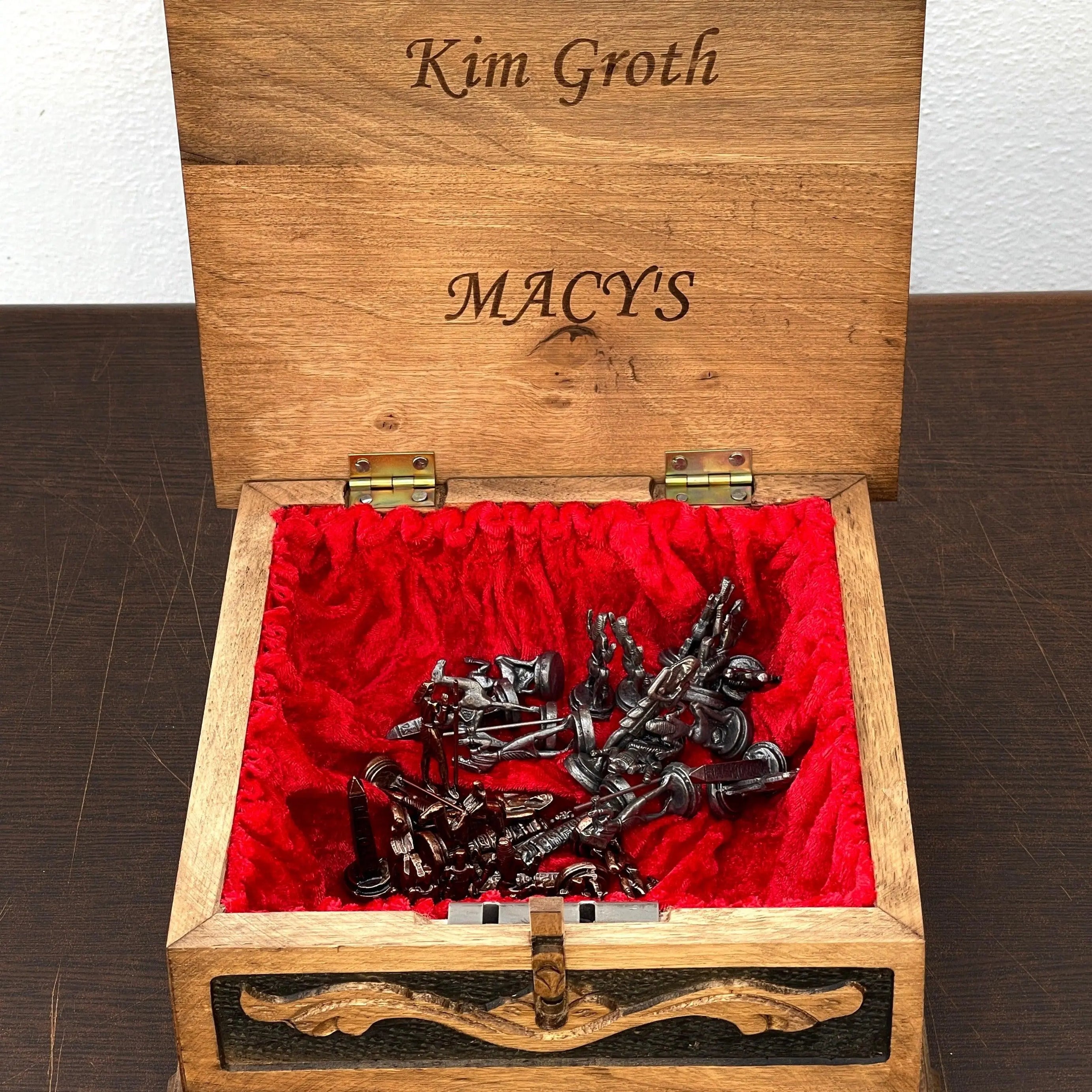 Personalized Mini Wooden Chess Box with Hidden Compartment, Romans Metal Chess Pieces - AsyaWoodArt